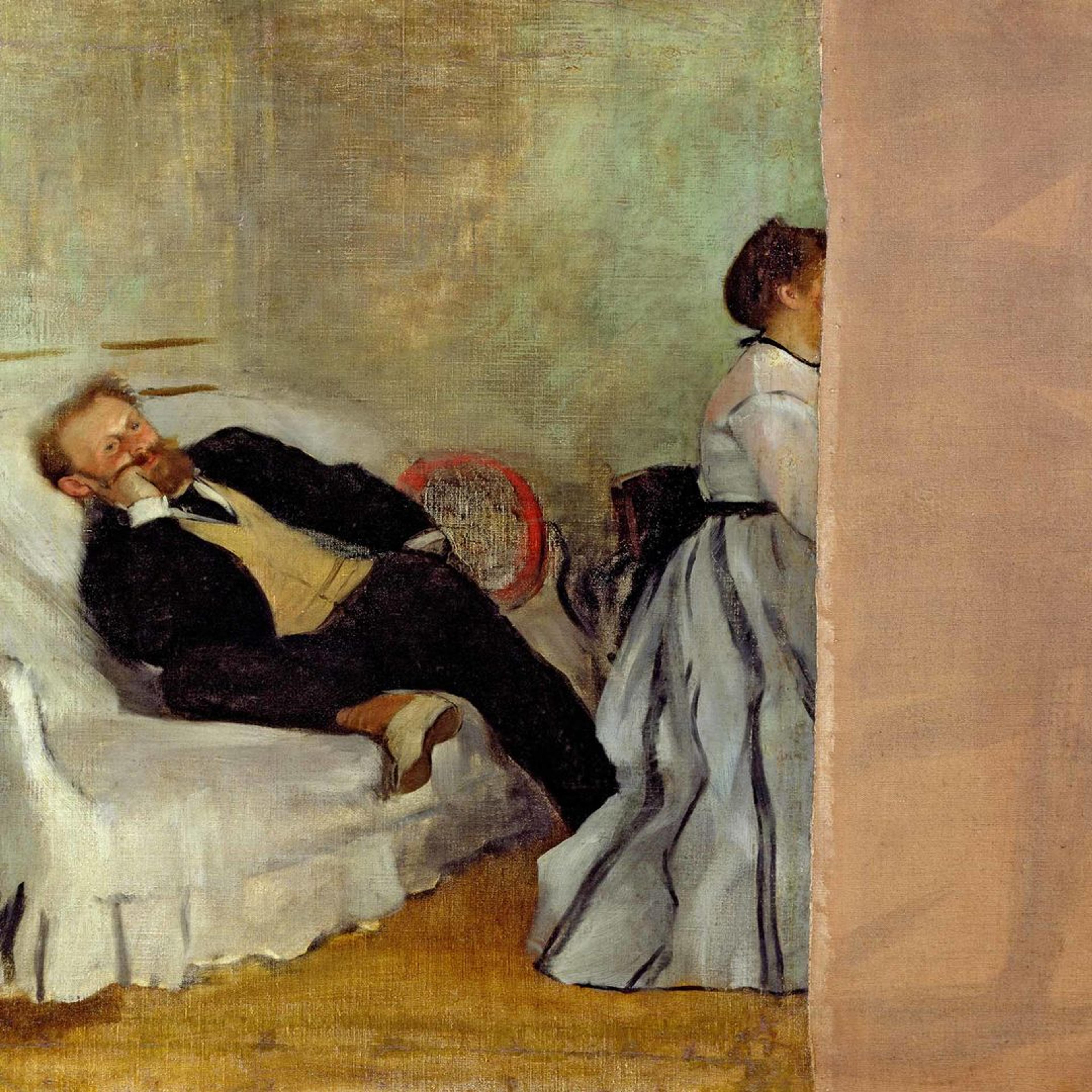 Detail of Edgar Degas's "Monsieur and Madame Édouard Manet," with Edouard Manet lounging on his couch and his wife Suzanne at the piano. The painting has been cut in half vertically at Suzanne's face.