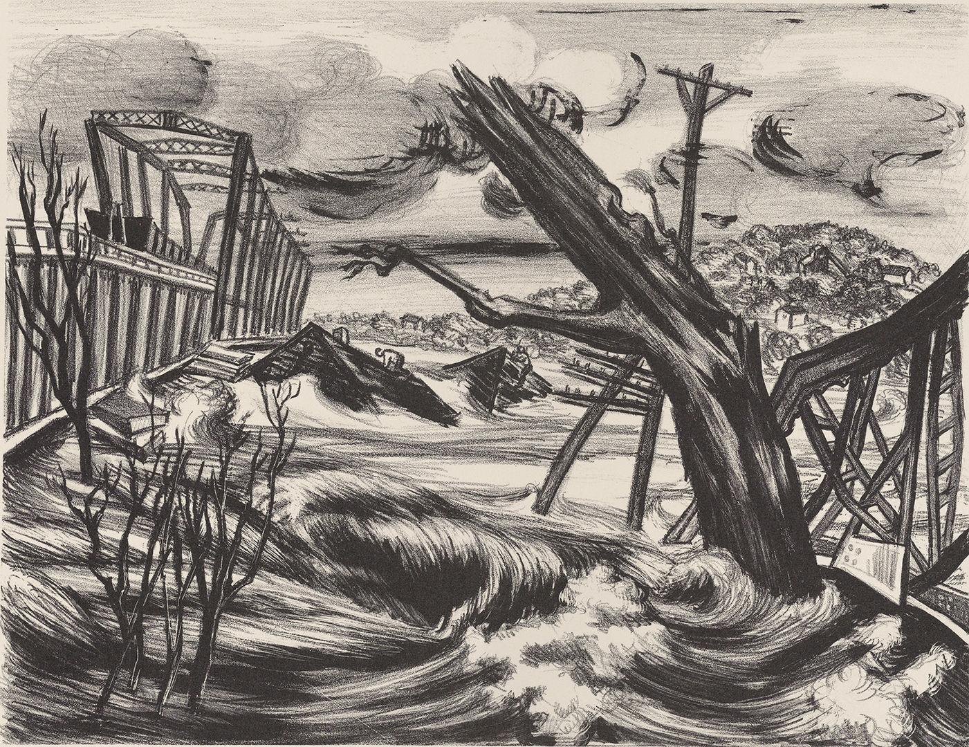 Shaded drawing of a disastrous flood. Great clouds in the sky, black logs in the water.