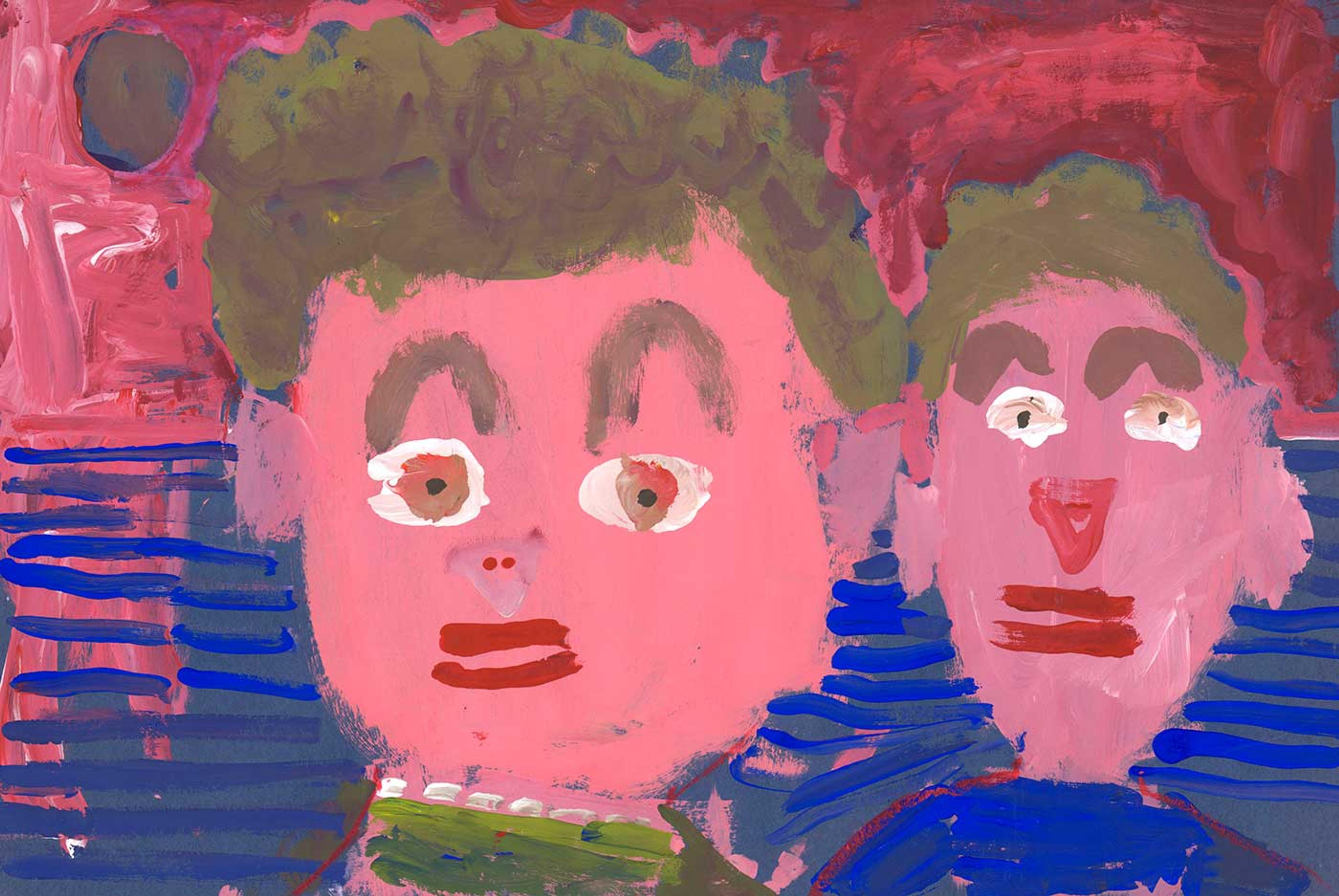 Portrait of two young boys with brown hair over a blue and pink background.