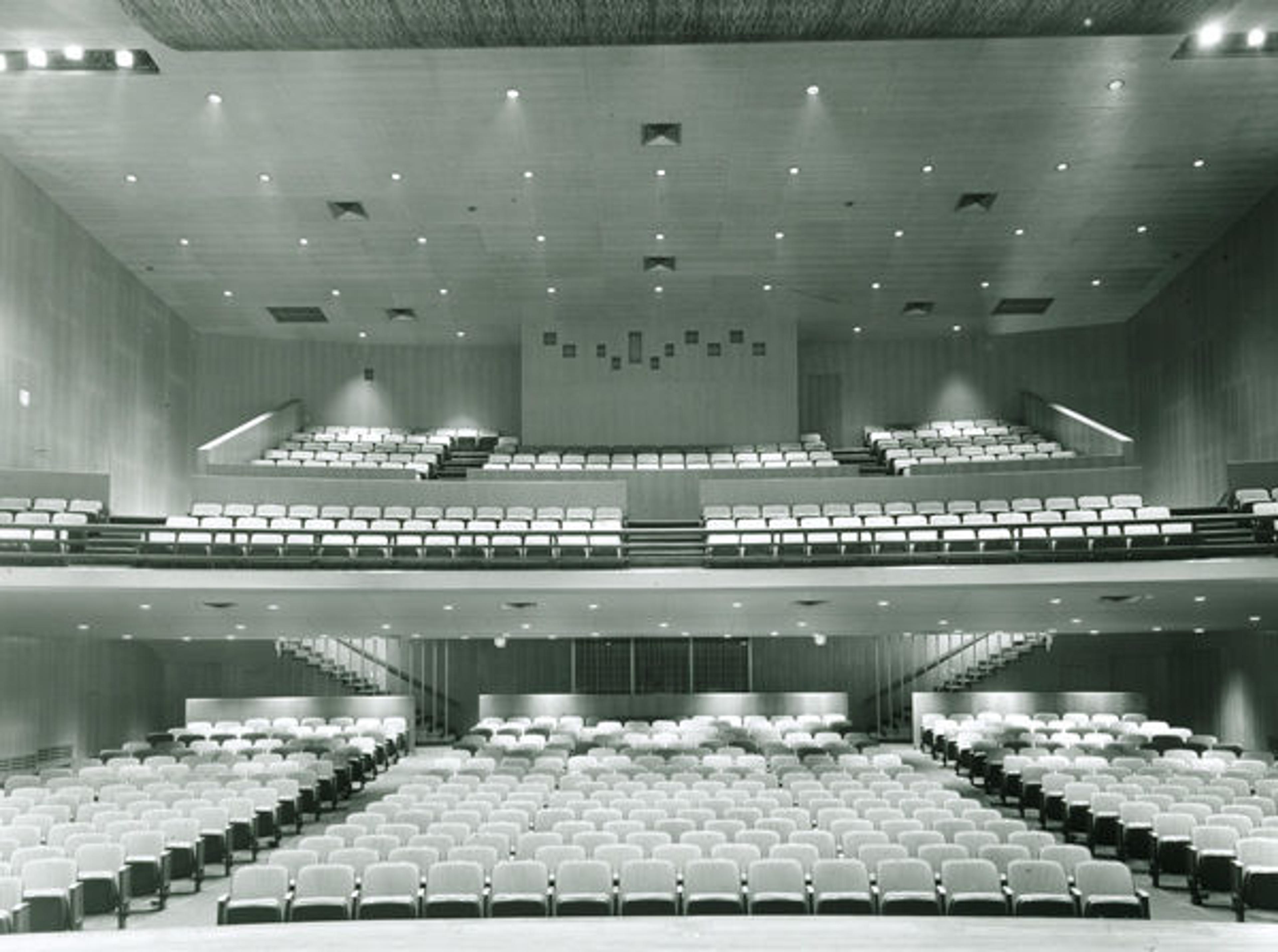 The Metropolitan Museum of Art, Grace Rainey Rogers Auditorium; View looking from the stage to the seats; Architects: Voorhees, Walker, Foley and Smith. Photographed in 1954. © The Metropolitan Museum of Art
