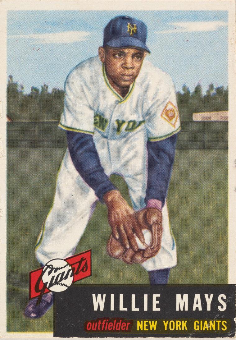 1953 Willie Mays baseball card showing the athlete in a lunge, ball in his gloved hand