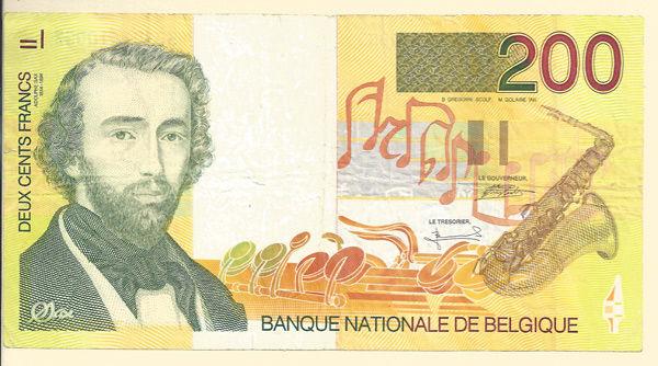 Two-hundred-franc banknote celebrating Adolphe Sax. National Bank of Belgium, 1996