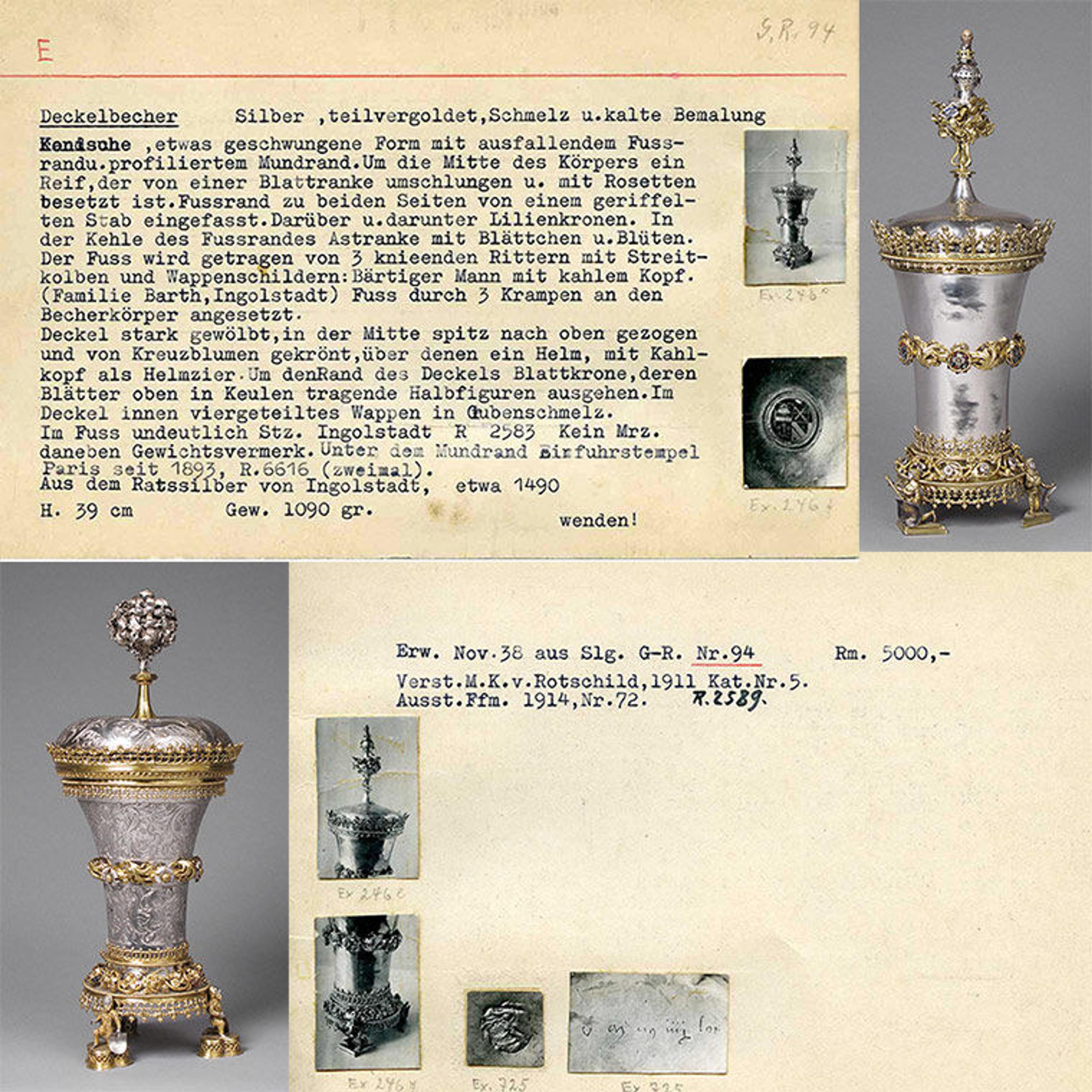 Images of silver beakers and two index cards from WW II