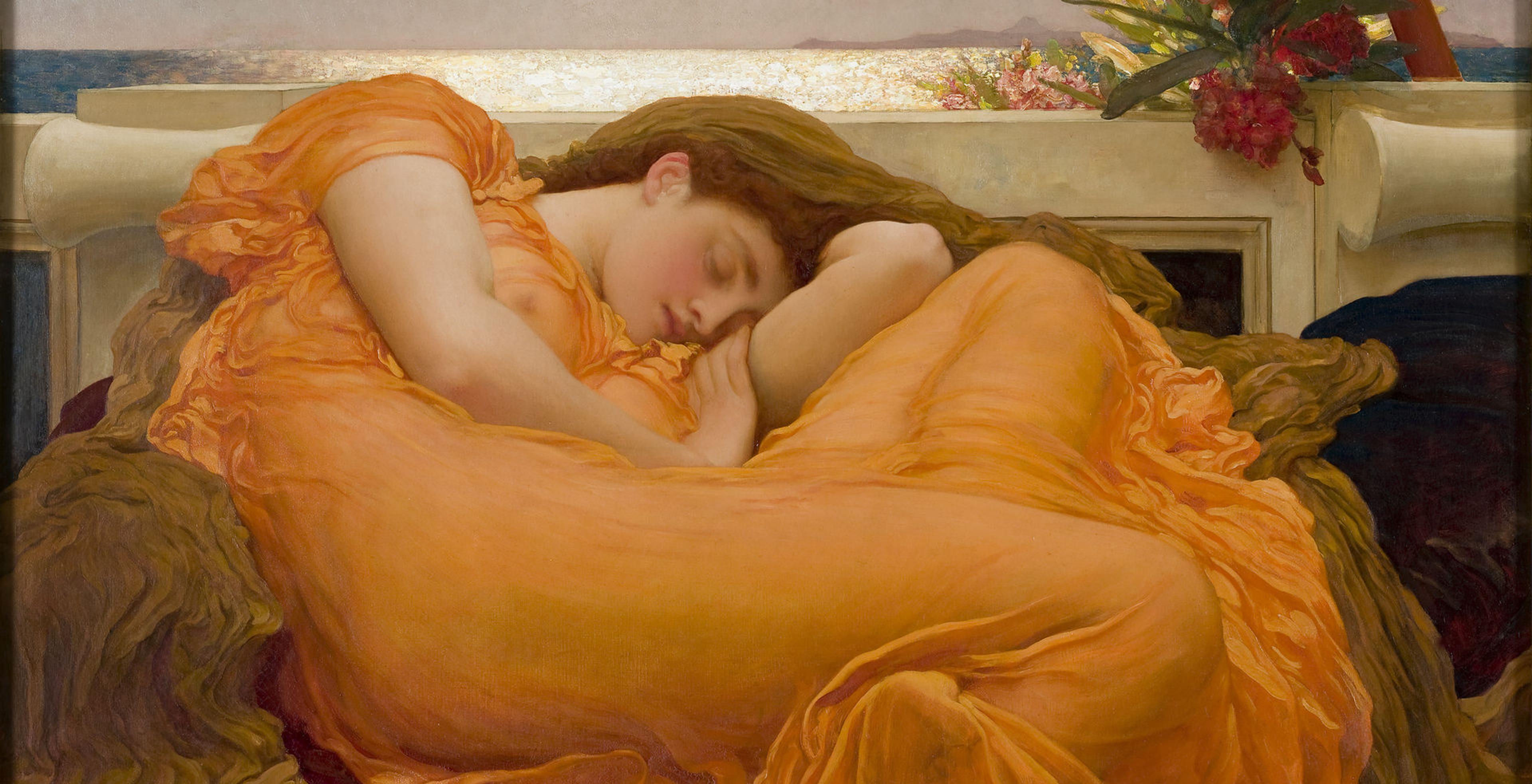 realistic painting of a white women with reddish hair sleeping in a curled up position on a large comfortable looking surface that has maroon red and brown clothe on it. The women is wearing a broad orange dress that is fairly transparent so the outline of her body is prominent. Behind her is a wall and behind that wall is a sunlit reflective body of water with a clear sky. A bright red flower creeps above the wall right above her.