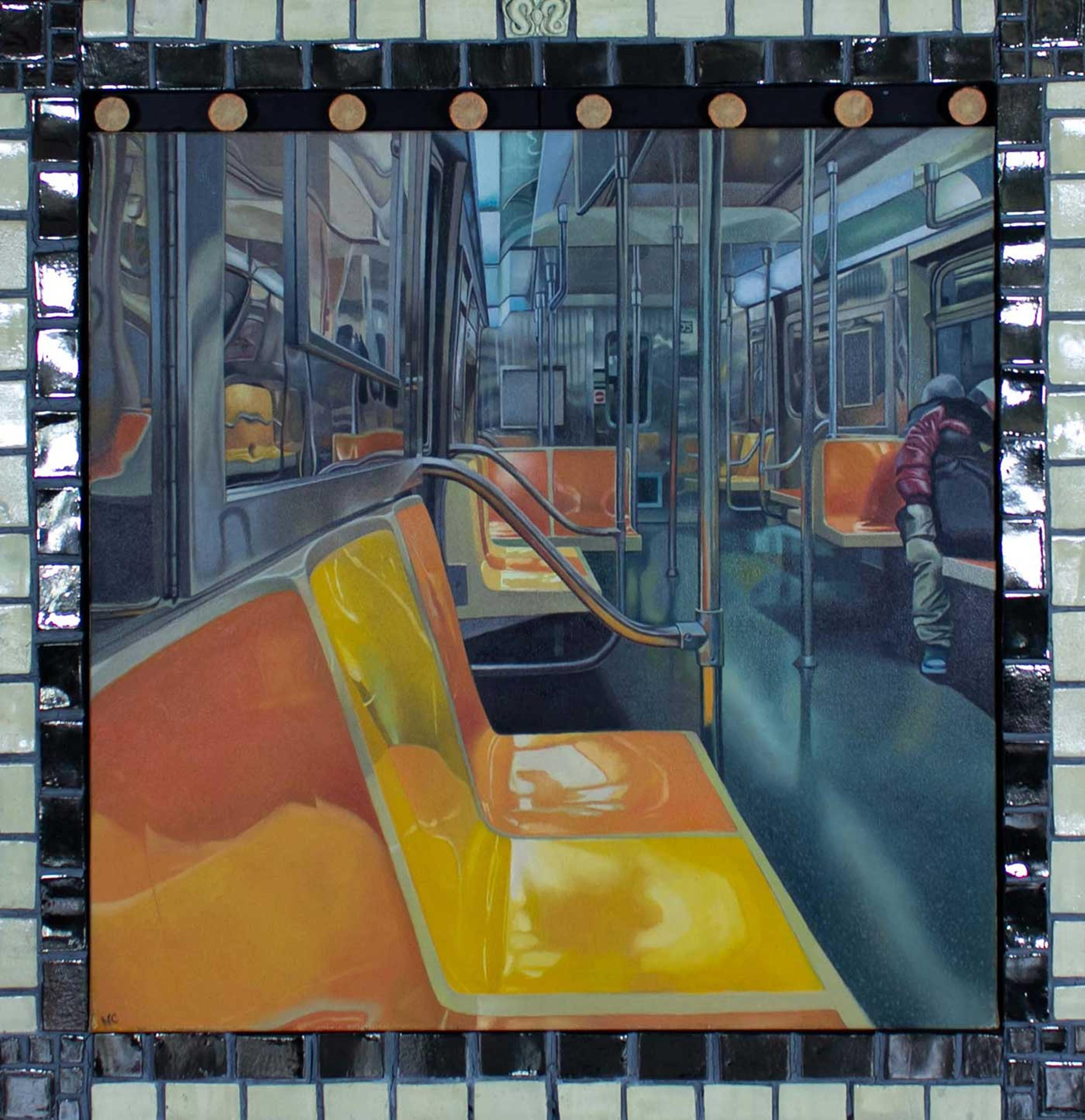 Painting of the inside of a subway car bordered by black and white ceramic tiles.