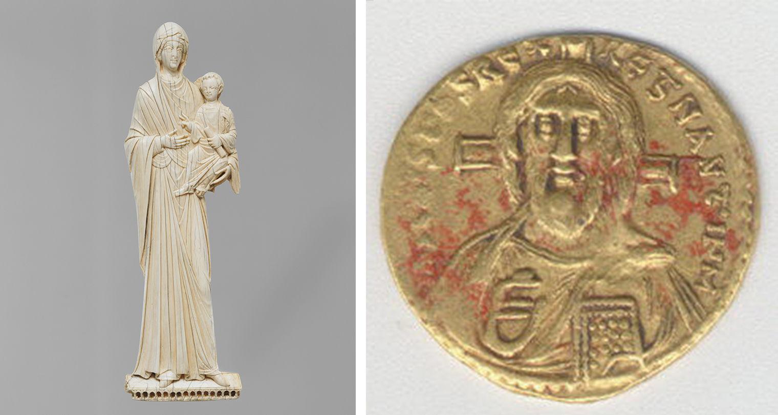 A combine shot of two images separated by a white bar in the middle. On the left is a white-yellow ivory figure of the virgin and child against a gray background. On the right is a gold byzantine coin with an image of christ and the cross on it.