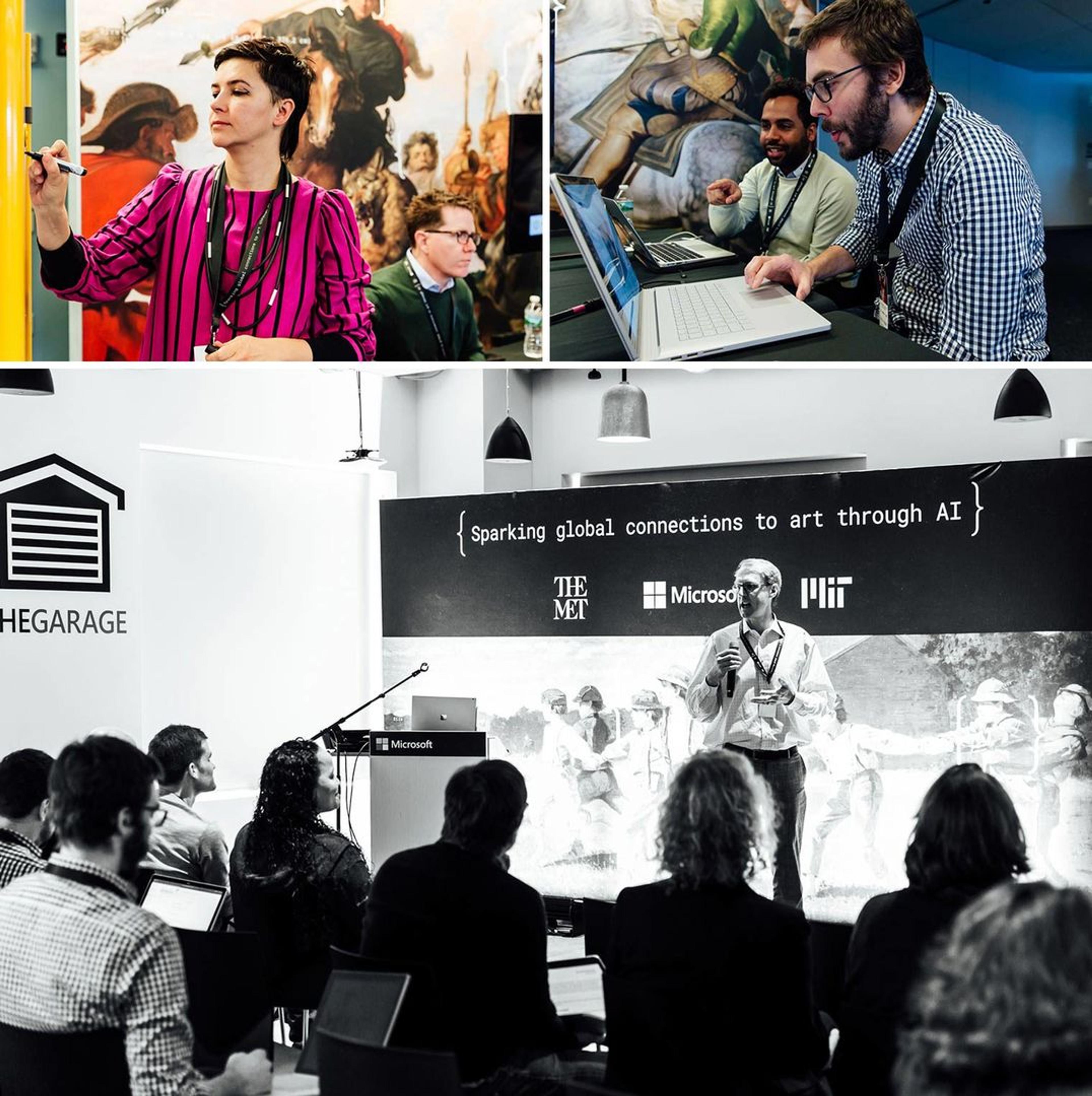 Three images: two bearded young men working on laptops; woman in a pink and black striped dress writing on an easel; black and white photo of the author speaking to a group
