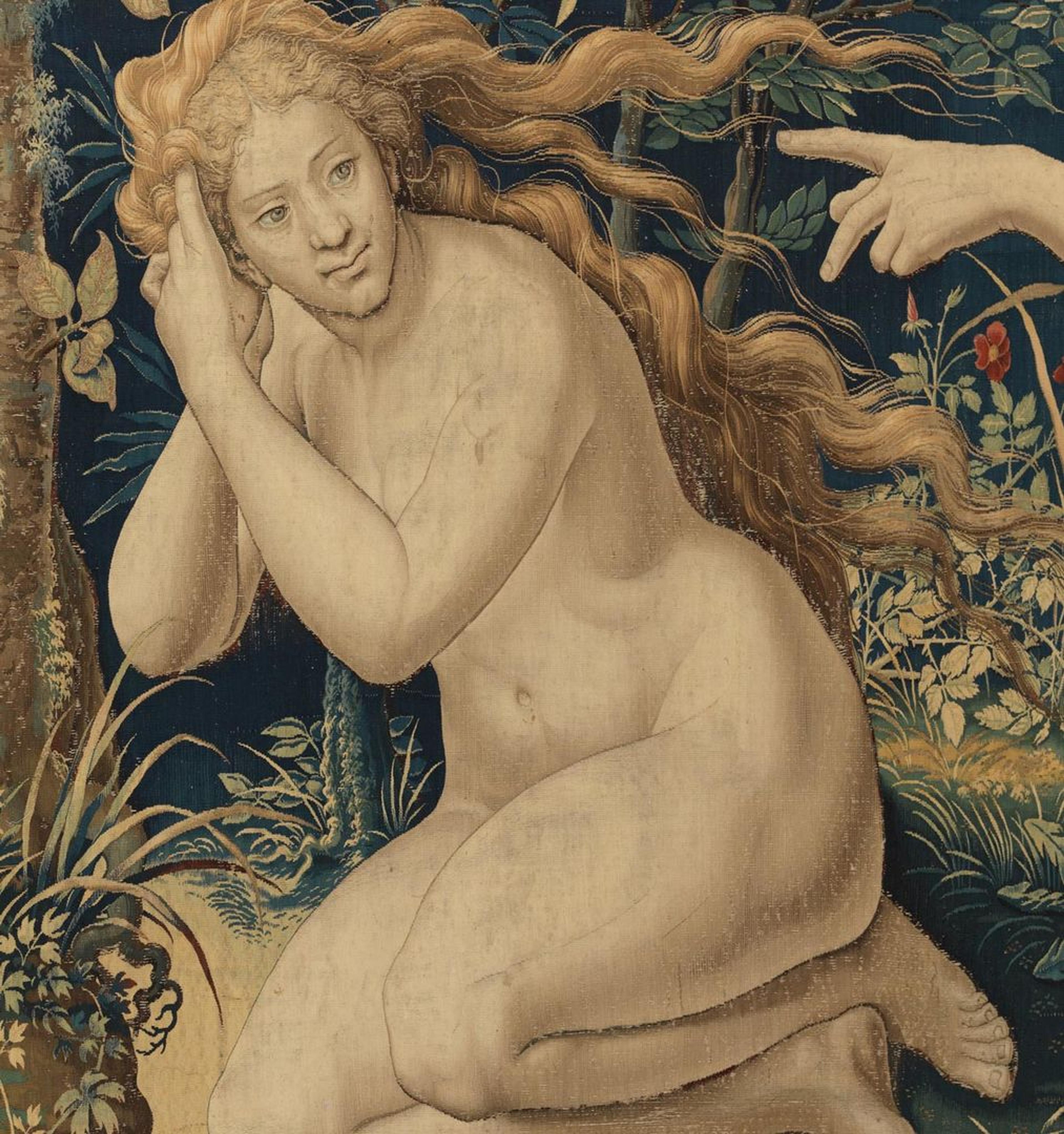 Detail of Eve, from Pieter Coecke van Aeslt's "God Accuses Adam and Eve after the Fall tapestry in a set of The Story of Creation"