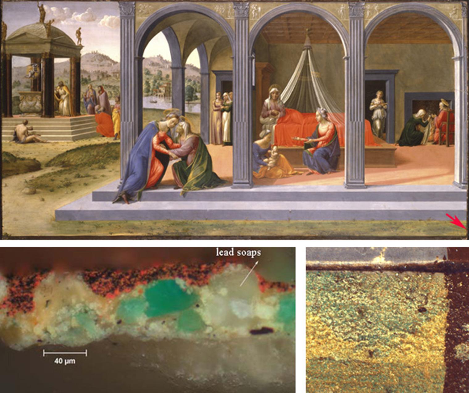 Composite image. Above: Francesco Granacci's The Birth of Saint John the Baptist. Below: the cross-section of a paint sample removed from the grass area, in lower right border, was found to contain lead soaps protruding through the paint surface that give rise to the granular to surface texture of the paint.