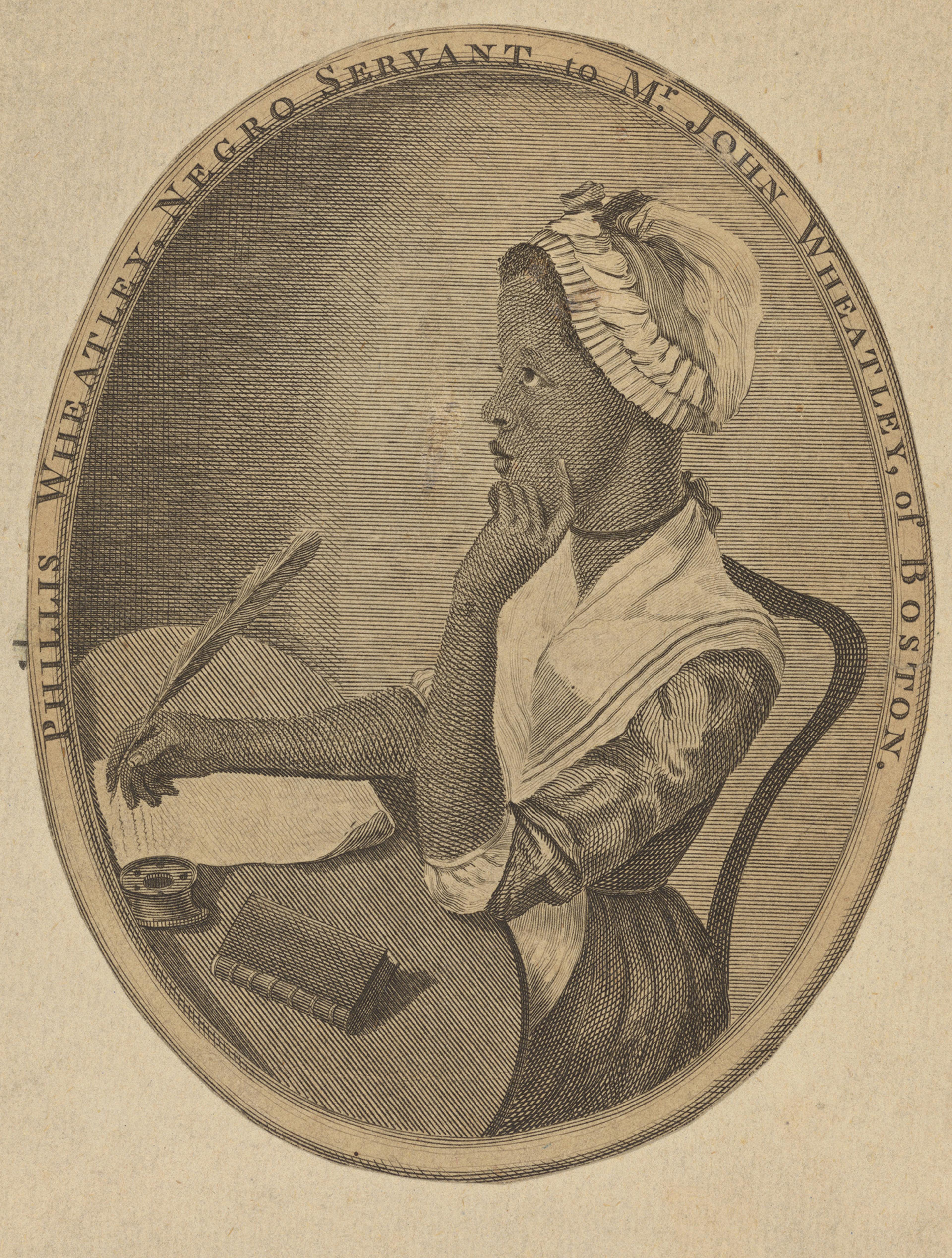 Engraving of a woman seated at a desk, hand on chin, quill pen poised over paper, wearing a bonnet and dress. 