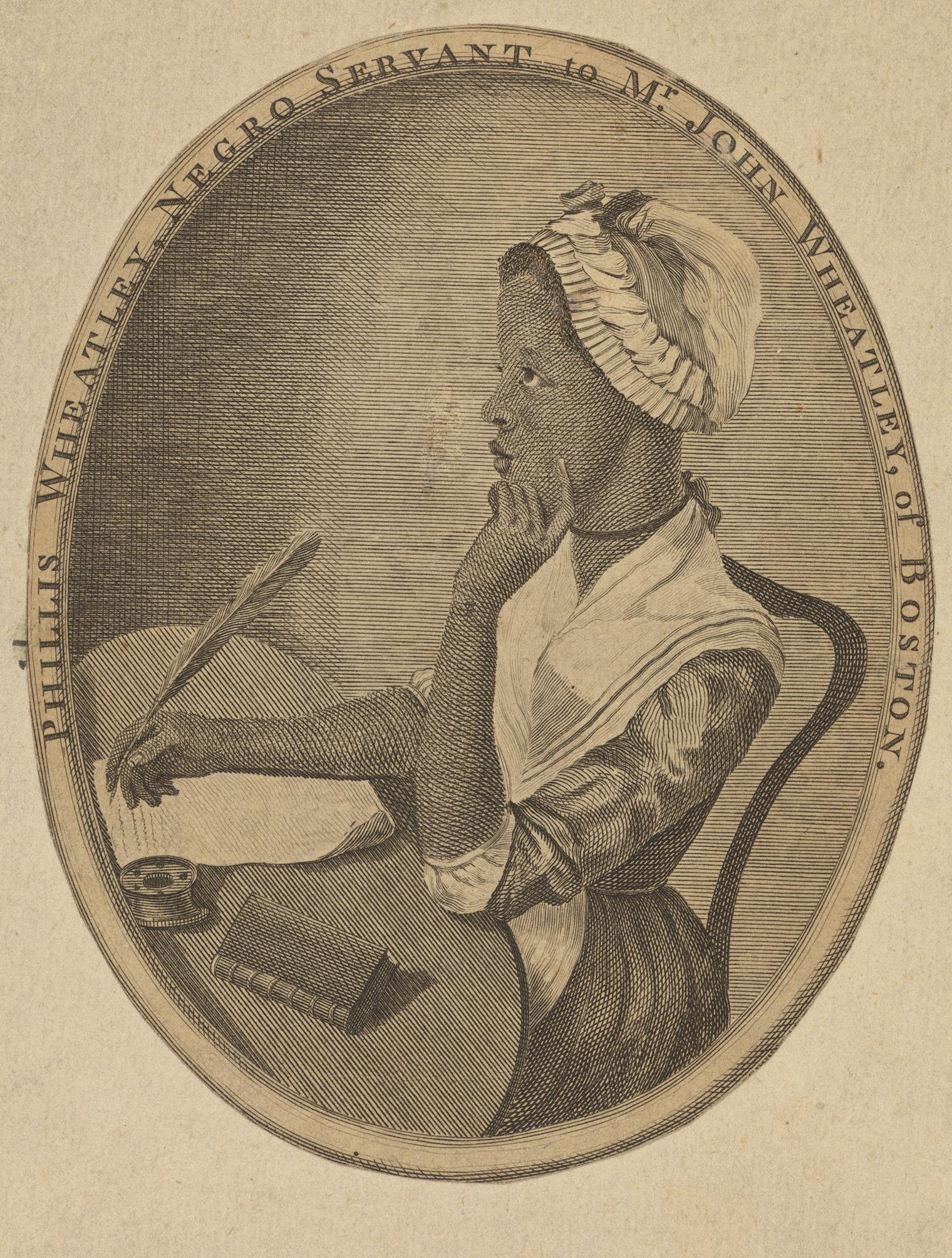 Engraving of a woman seated at a desk, hand on chin, quill pen poised over paper, wearing a bonnet and dress.
