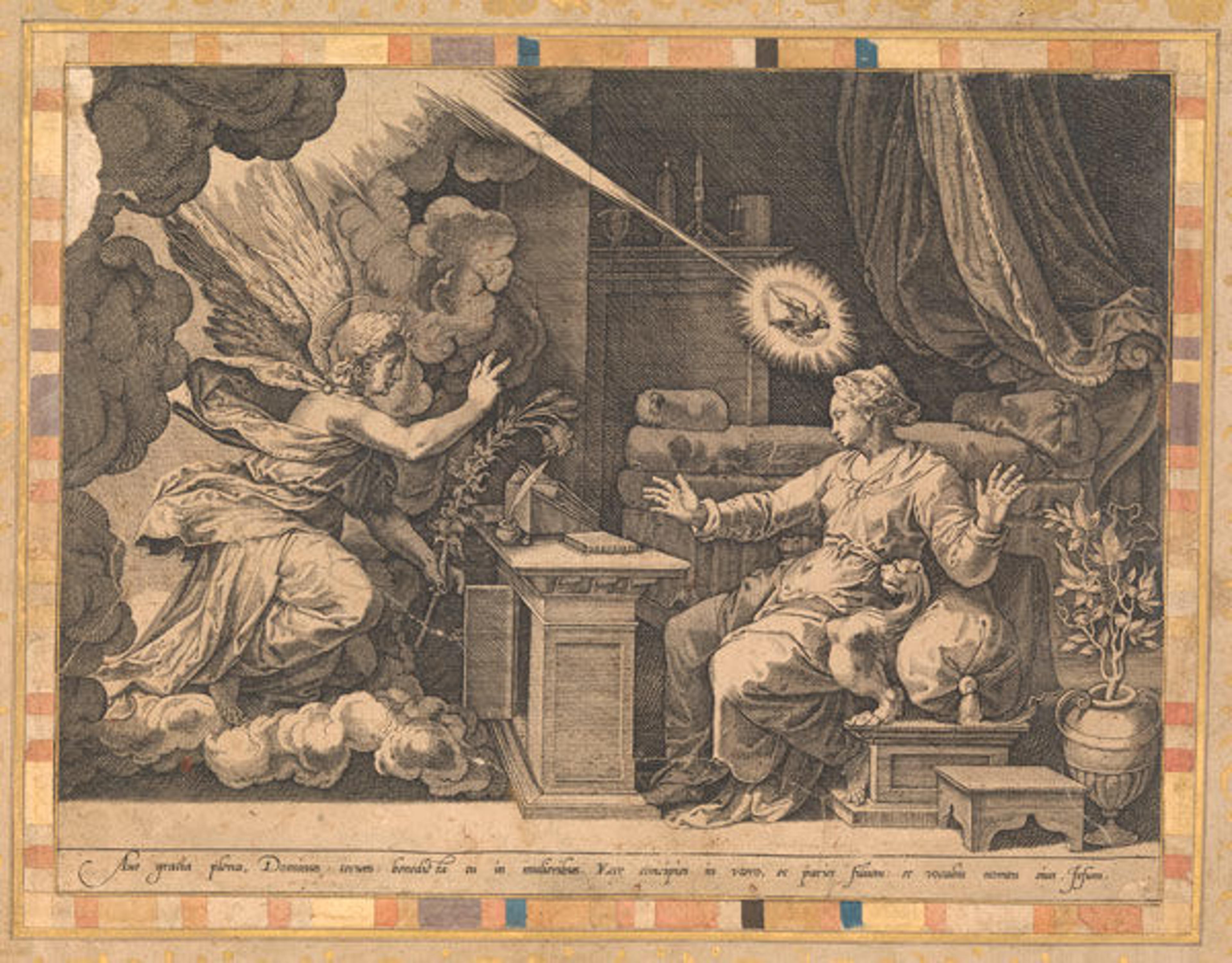 "The Annunciation," folio from the Bellini Album, ca. 1600. Print: Italy or the Netherlands; album: Turkey. Ink, opaque watercolor, and gold on paper; H. 8 3/8 in. (21.2 cm), W. 6 3/4 in. (17.2 cm). The Metropolitan Museum of Art, New York, Louis V. Bell Fund, 1967 (67.266.7.3v)