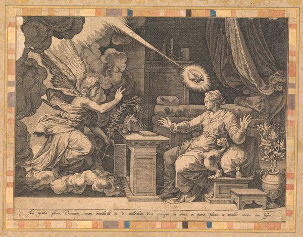 "The Annunciation," folio from the Bellini Album, ca. 1600. Print: Italy or the Netherlands; album: Turkey. Ink, opaque watercolor, and gold on paper; H. 8 3/8 in. (21.2 cm), W. 6 3/4 in. (17.2 cm). The Metropolitan Museum of Art, New York, Louis V. Bell Fund, 1967 (67.266.7.3v)