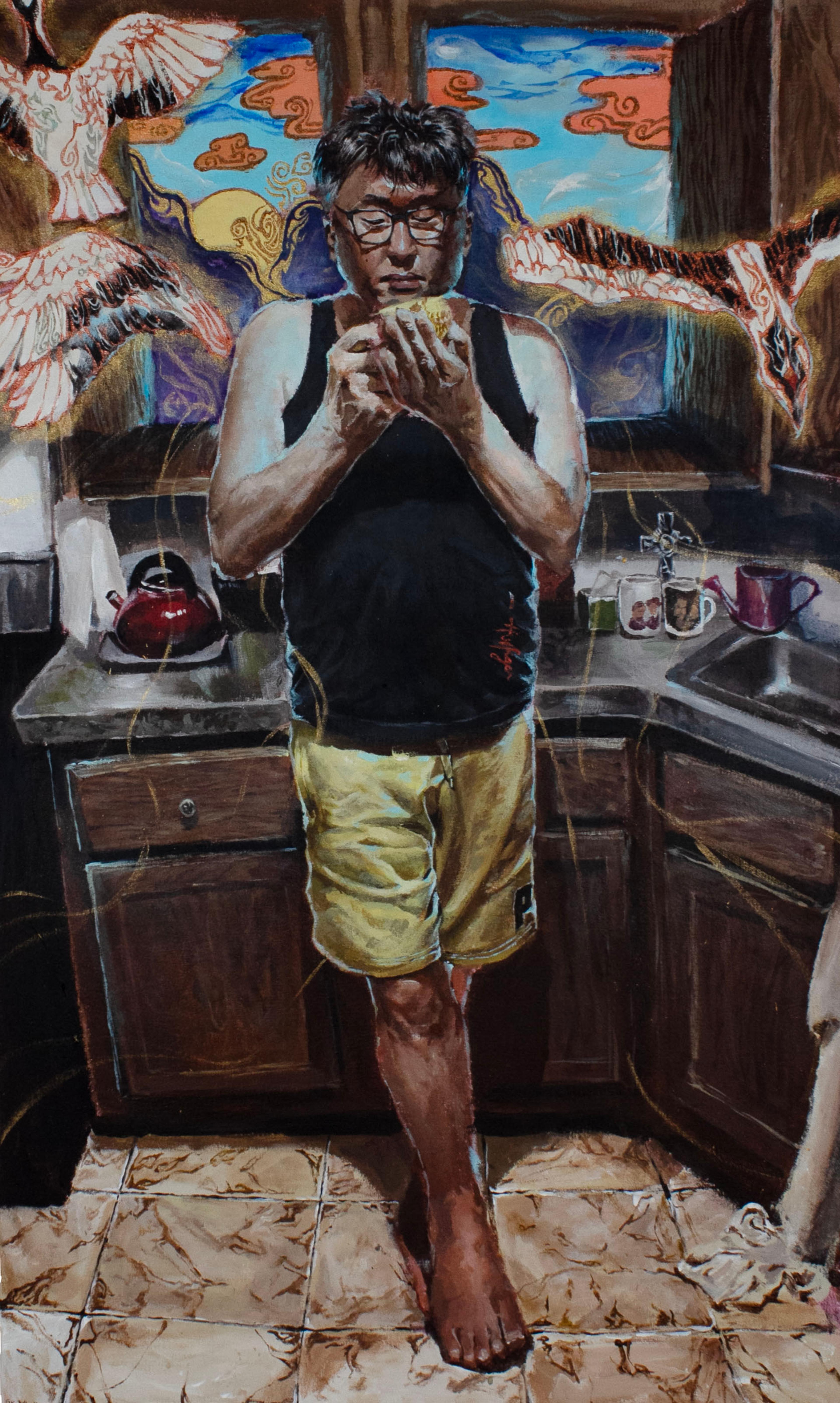 Acrylic painting of a man wearing a black tank top and beige cargo shorts, standing barefoot and leaning against a brown cabinet below a kitchen counter. His feet touch a light brown linoleum floor. He has dark hair, wears glasses, and is examining an object held closely in front of him in both hands. A red teapot is on the counter to the left, and a few drinking cups sit next to a sink on the right. Three Impressionistic birds are drawn flapping around the man's head and shoulders, and the wall cabinet behind him is opened to reveal an Impressionistic blue sky adorned with swirly orange clouds and a big yellow sun.