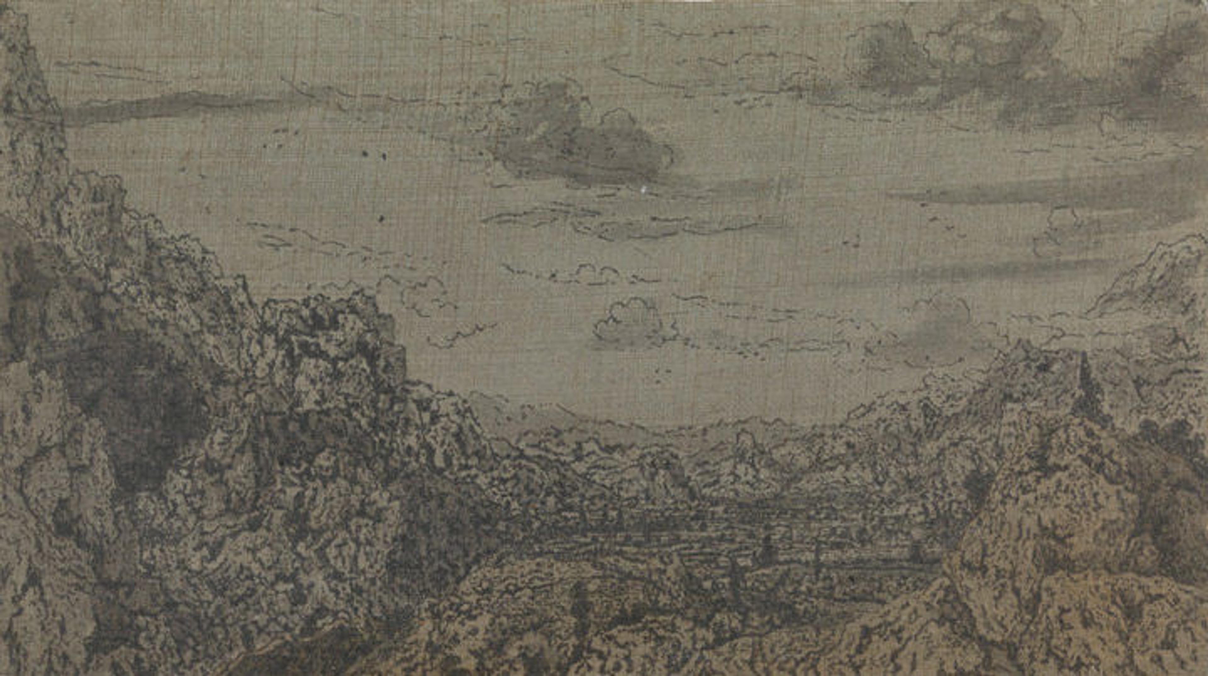 Line etching depicting a valley and sky
