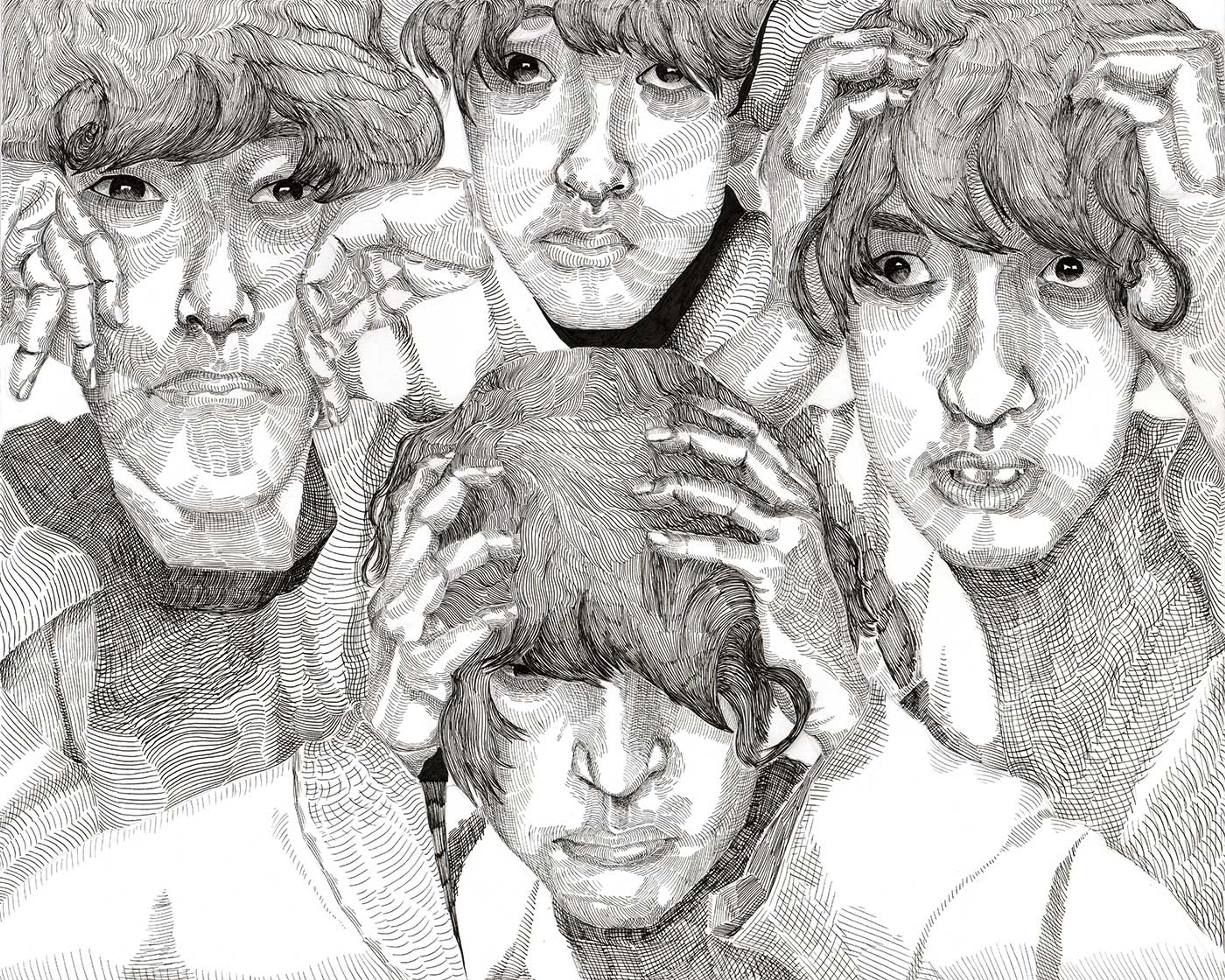 Pencil drawing of four faces looking distressed or worried.
