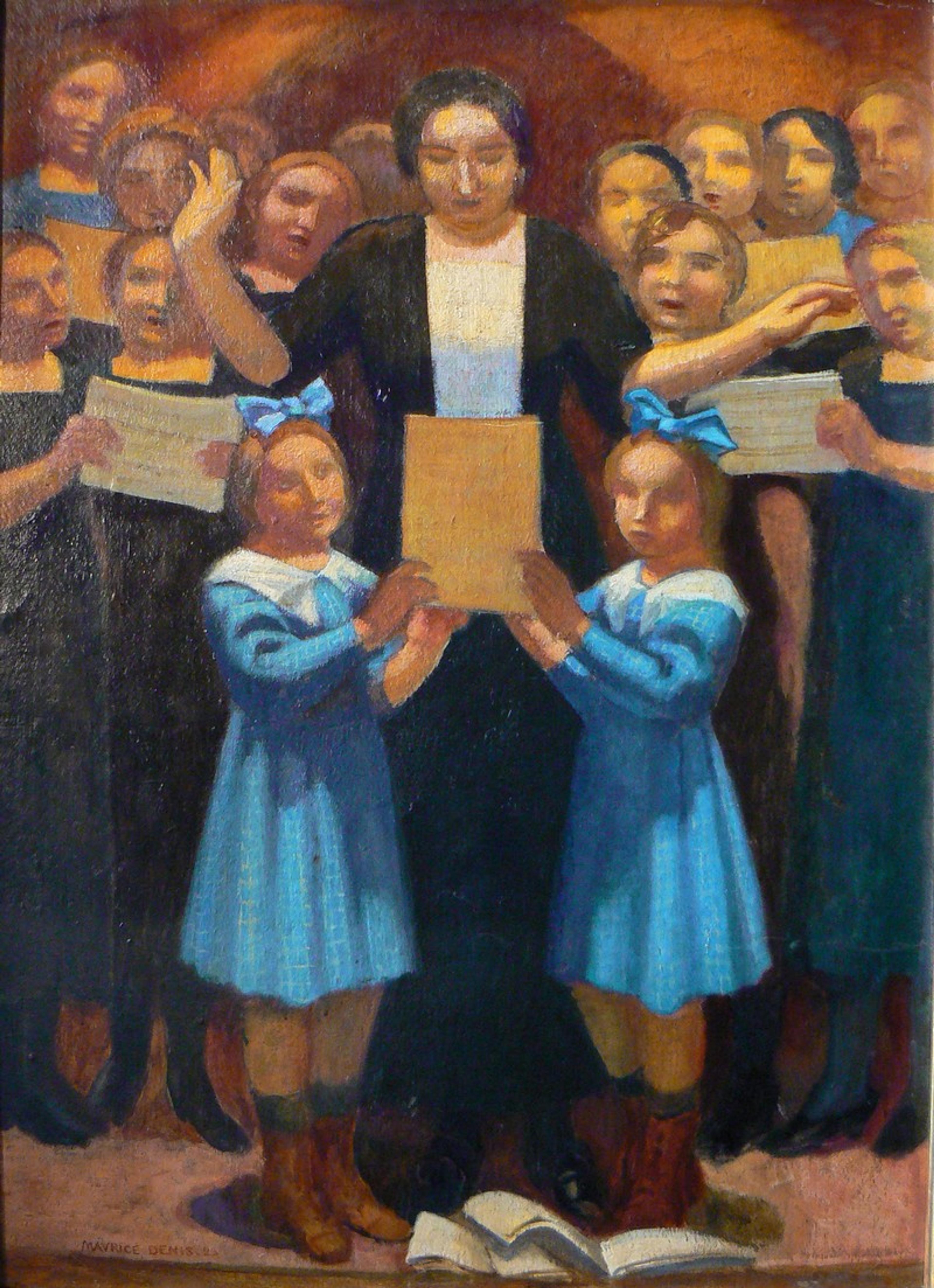 Image of a woman standing in between a group of choir girls singing sheet music.