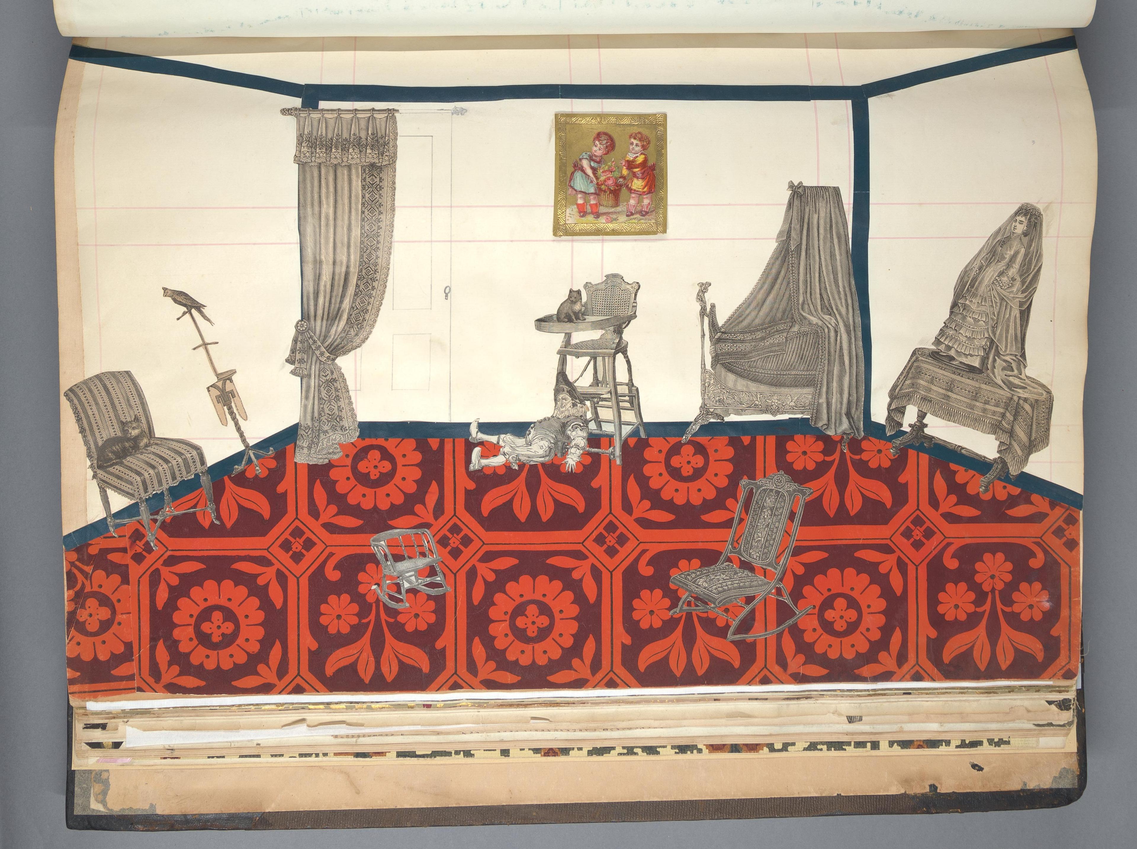 Brightly patterned fllor surrounded by black-and-white furniture