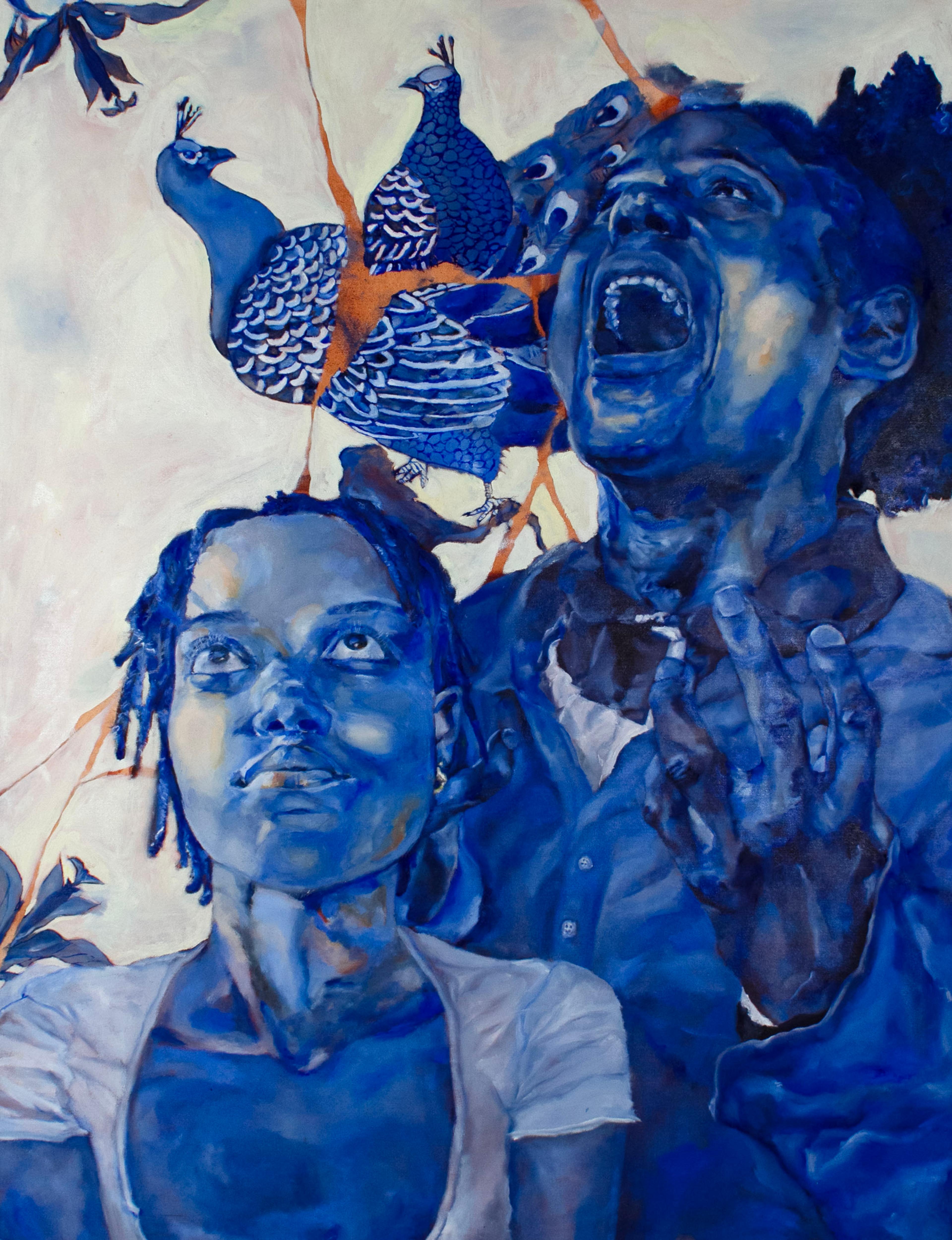 Almost monochromatic blue oil-on-canvas painting of an adolescent Black girl staring upward in the foreground, with an adult male standing and singing behind her, with his head upturned and his left hand extended with spread fingers. A pair of blue peacocks are drawn near the top in the background, each facing each other. The girl wears a light open necked shirt and the man wears a dark blue jacket and bow tie. Thin, gold cracks run through the peacocks, down to the man's shoulder, and to the left of the girl's head.