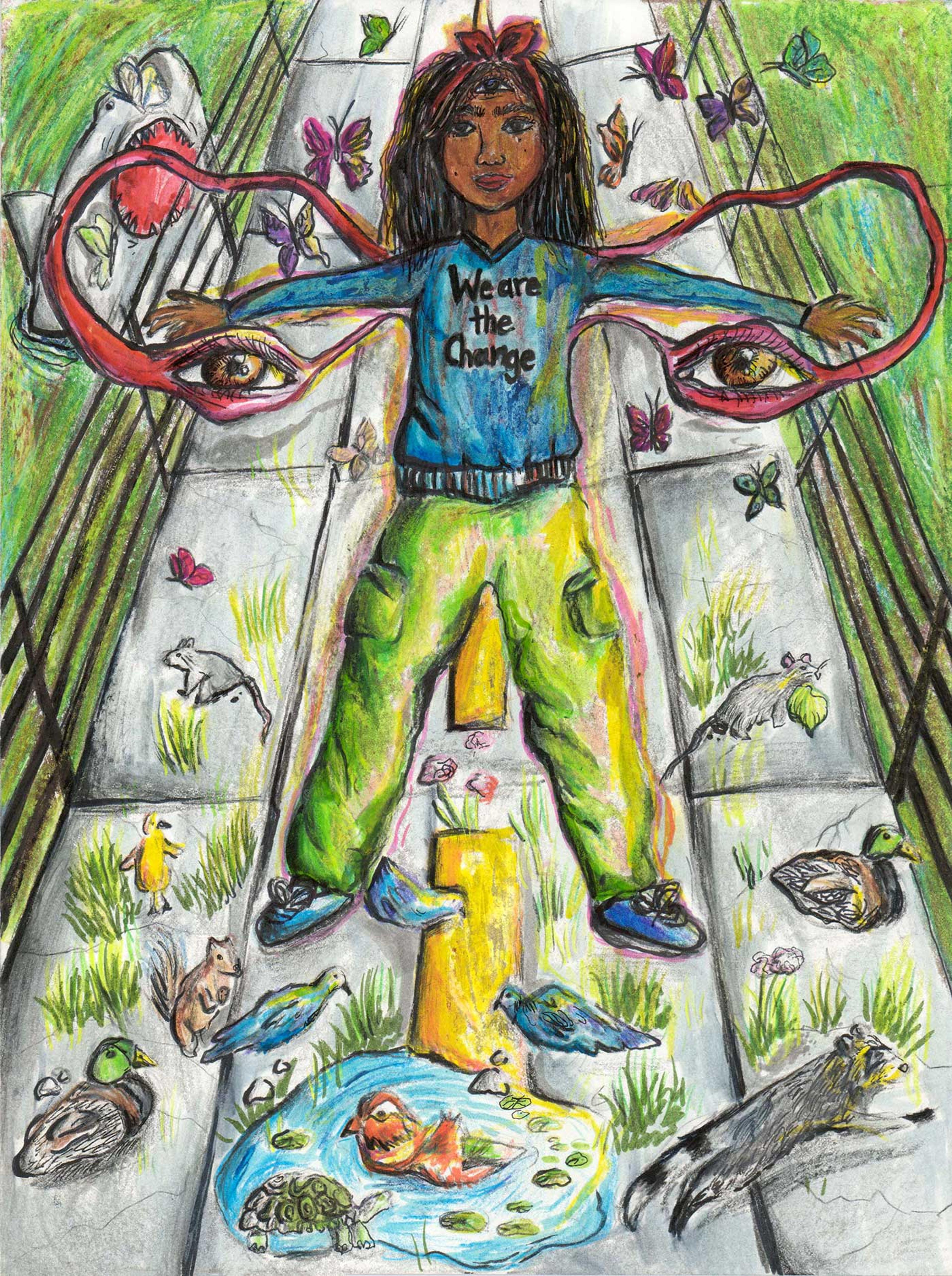 Drawing of a girl with her arms held out to her sides surrounded by animals.