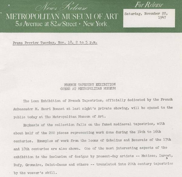 French Tapestries opening-day press release, November 22, 1947. The Metropolitan Museum of Art Archives