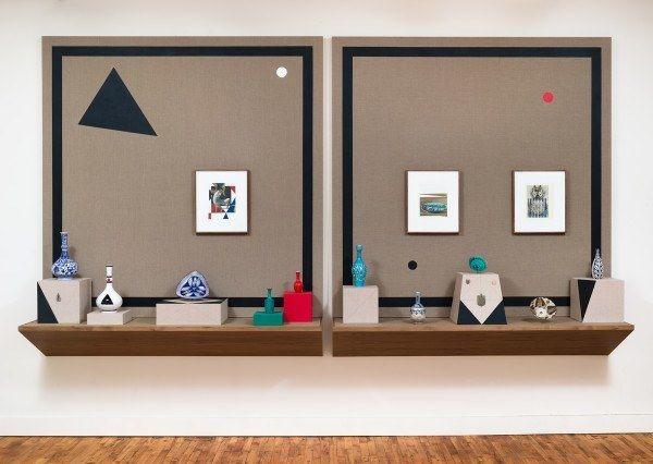 An artwork by Kamrooz Aram made up of two pin boards and an assortment of objects