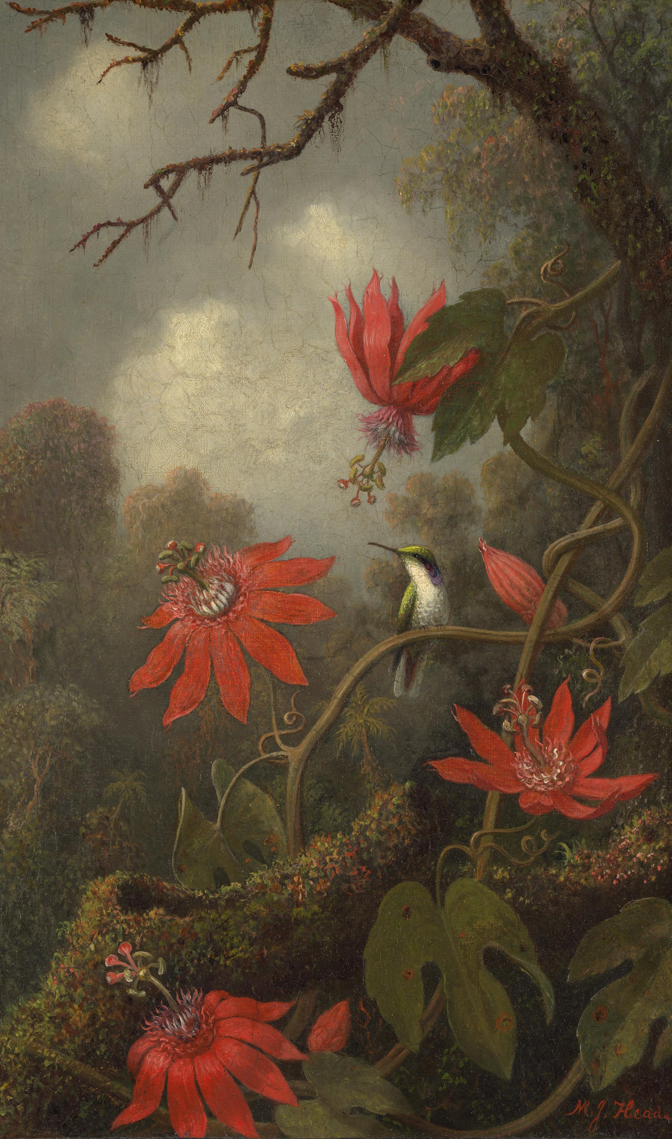 Painting of a lush tropical landscape with a hummingbird perched on a vine with red flowers in bloom.