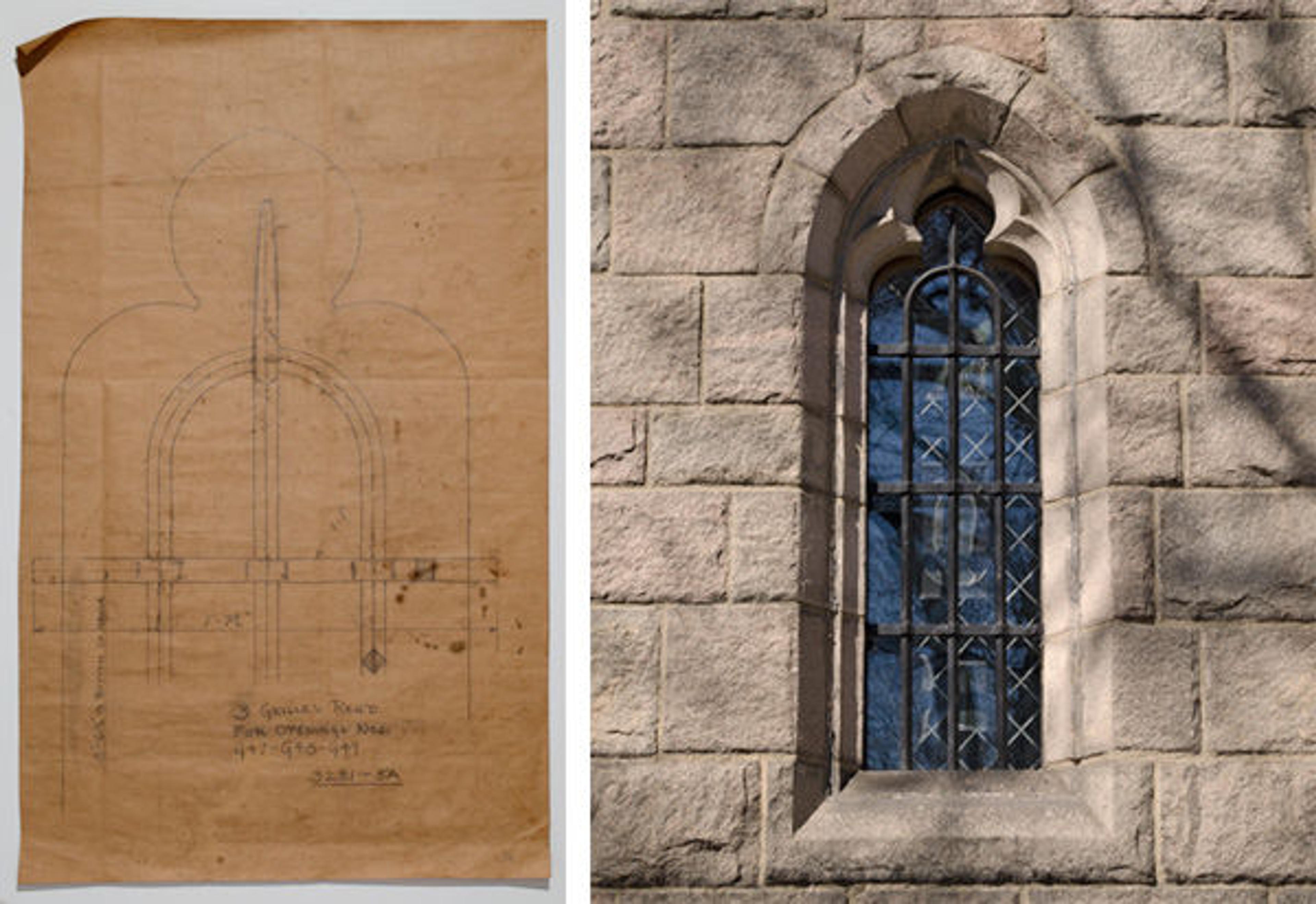 Drawing for one of three grilles designed for the Treasury windows and Grille as installed in a Treasury window at The Cloisters