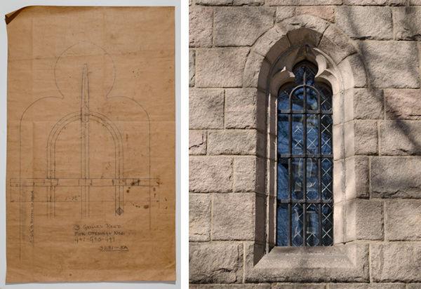 Drawing for one of three grilles designed for the Treasury windows and Grille as installed in a Treasury window at The Cloisters