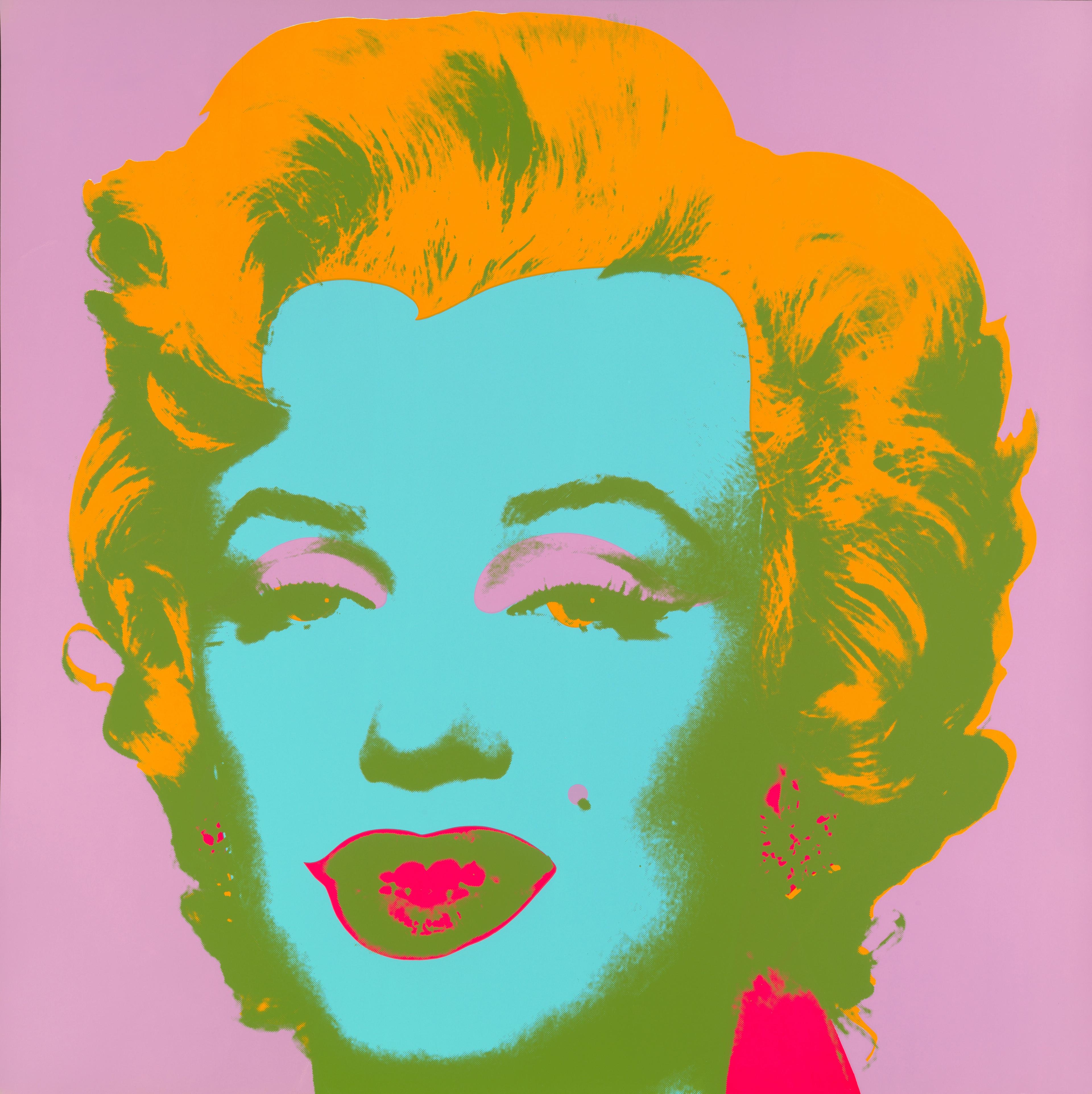 Portrait featuring a woman's face with orange hair, turquoise skin, and pink lips on a pink background.