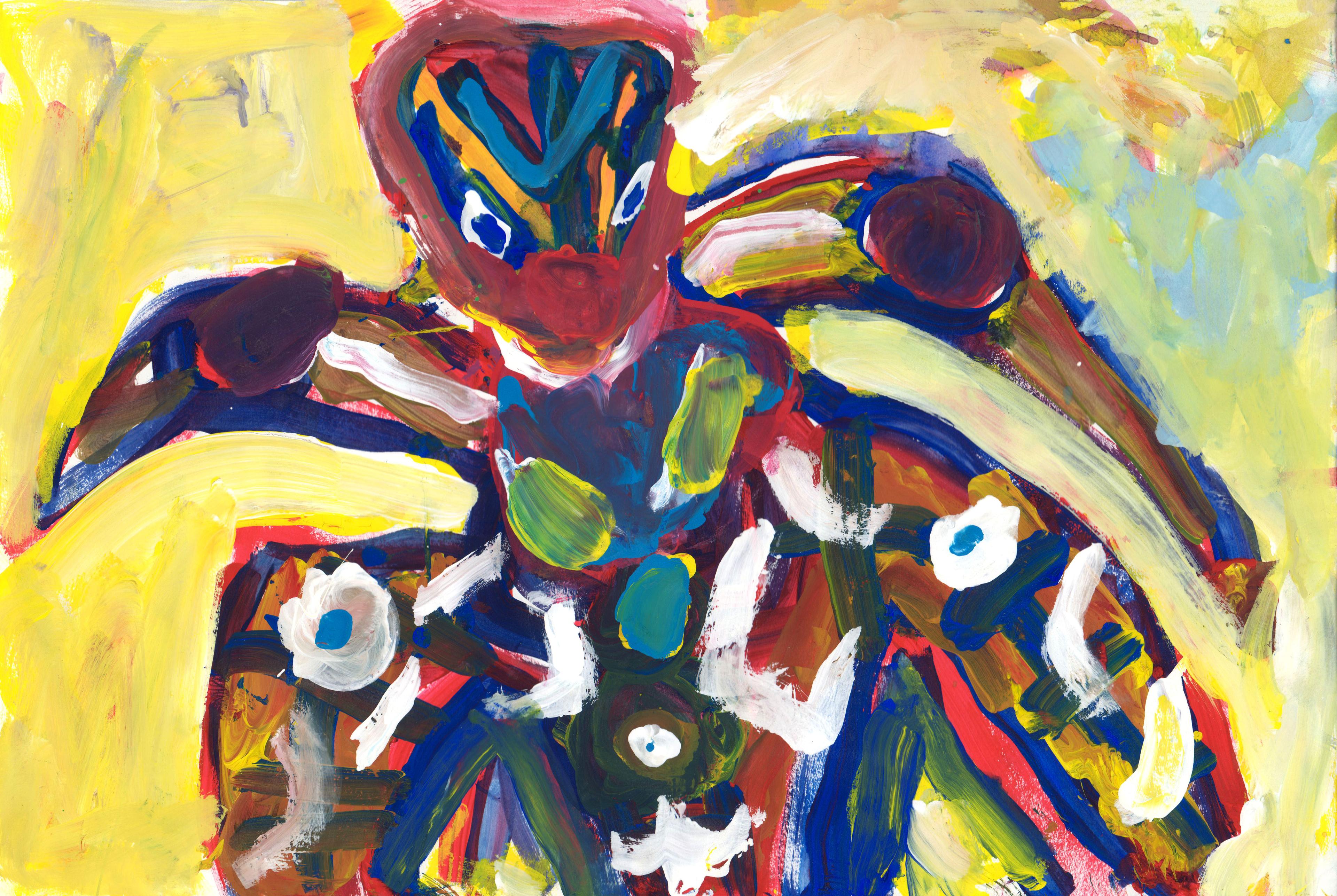 Tempera abstract painting of the superhero Ninja Spiderman. The figure appears crouched in the center of the image with his arms spread left and right. His head is gazing downward and slightly to the right. Ninja Spiderman is composed of thick, abstract swaths of blue, white, black, and red paint. Two white eyes with blue pupils are shown on the figure's face. A yellow wash of paint comprises the background.
