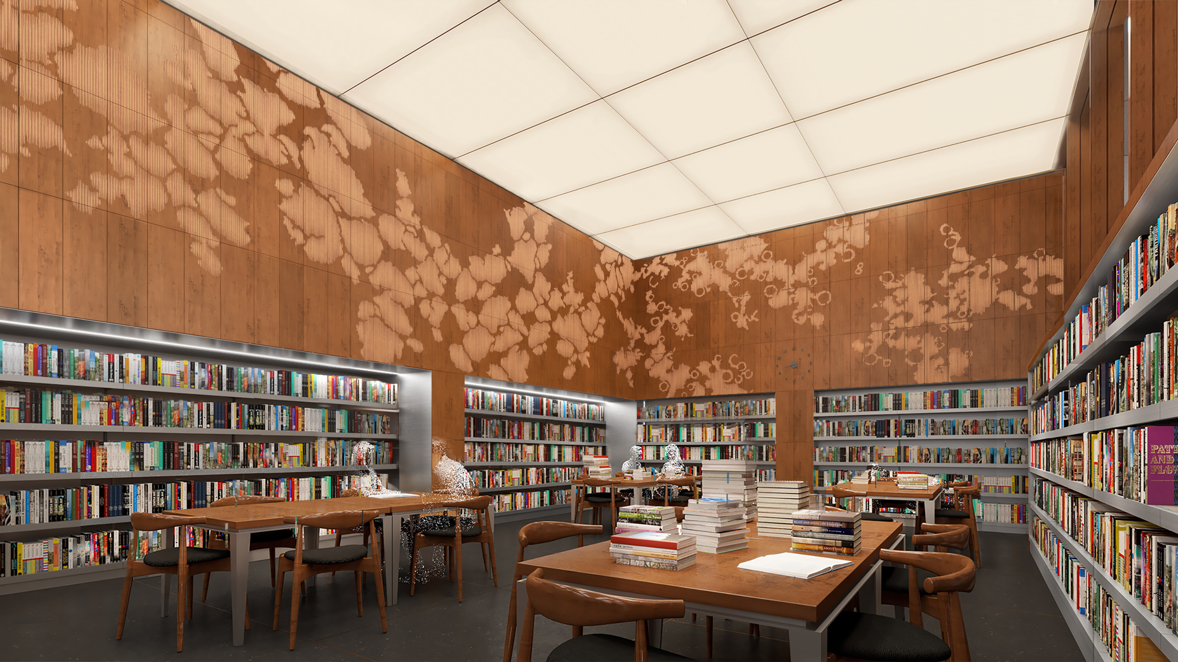 A mockup of a library space with wood paneling and large desks