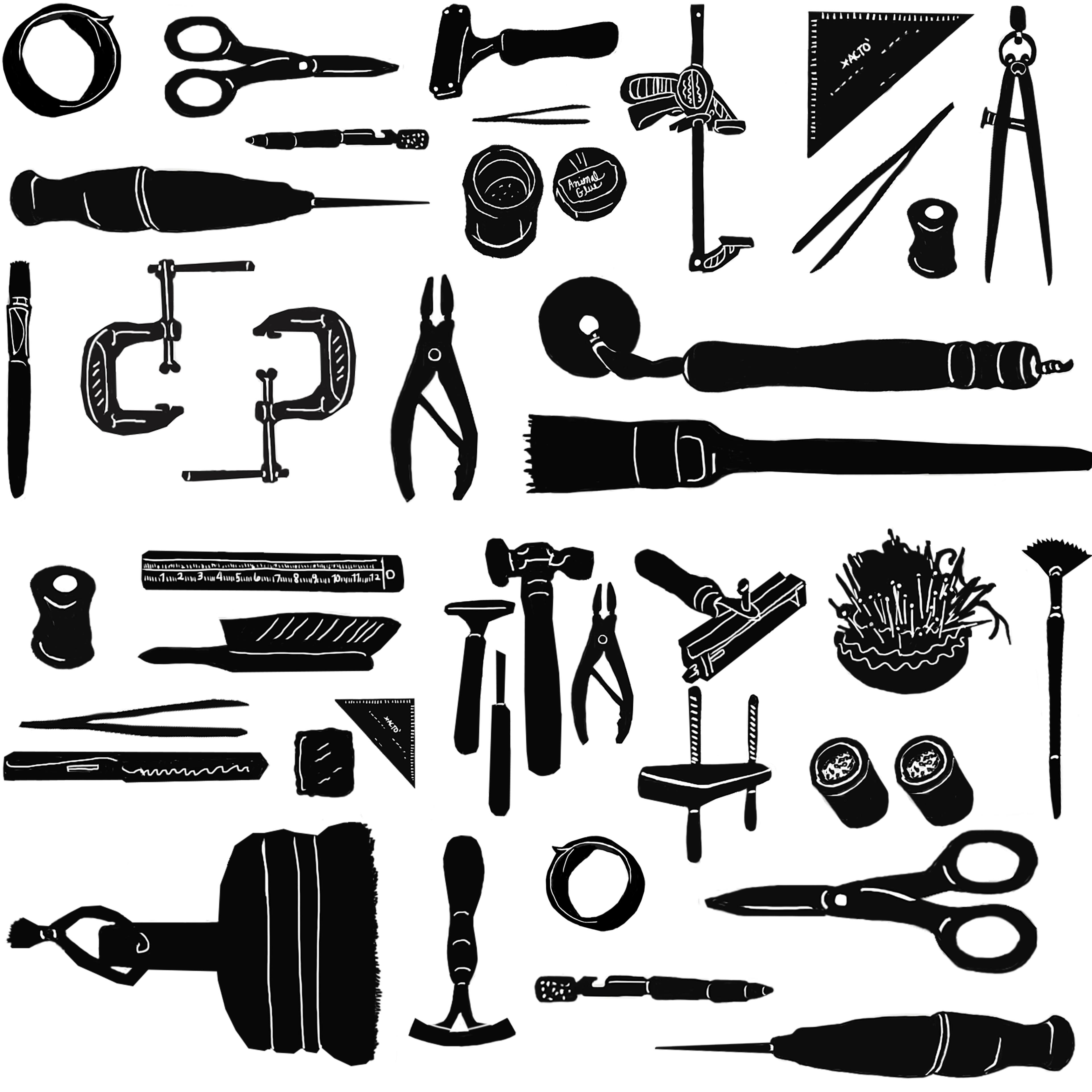A black and white illustration of an arrangement of conservation tools shown as silhouettes against a light background.