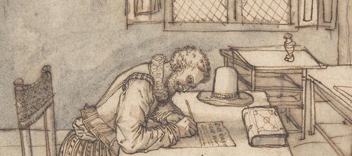 A detail view of a 16th-century ink and graphite drawing of a man writing on a table using a feathered pen