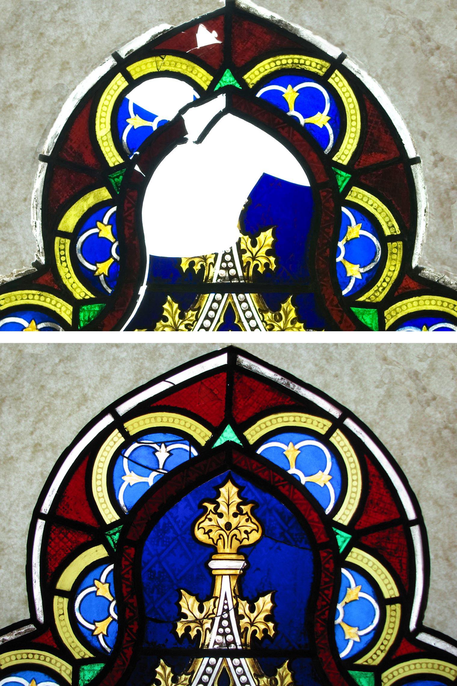 Details of "Faith" header before and after conservation treatment.