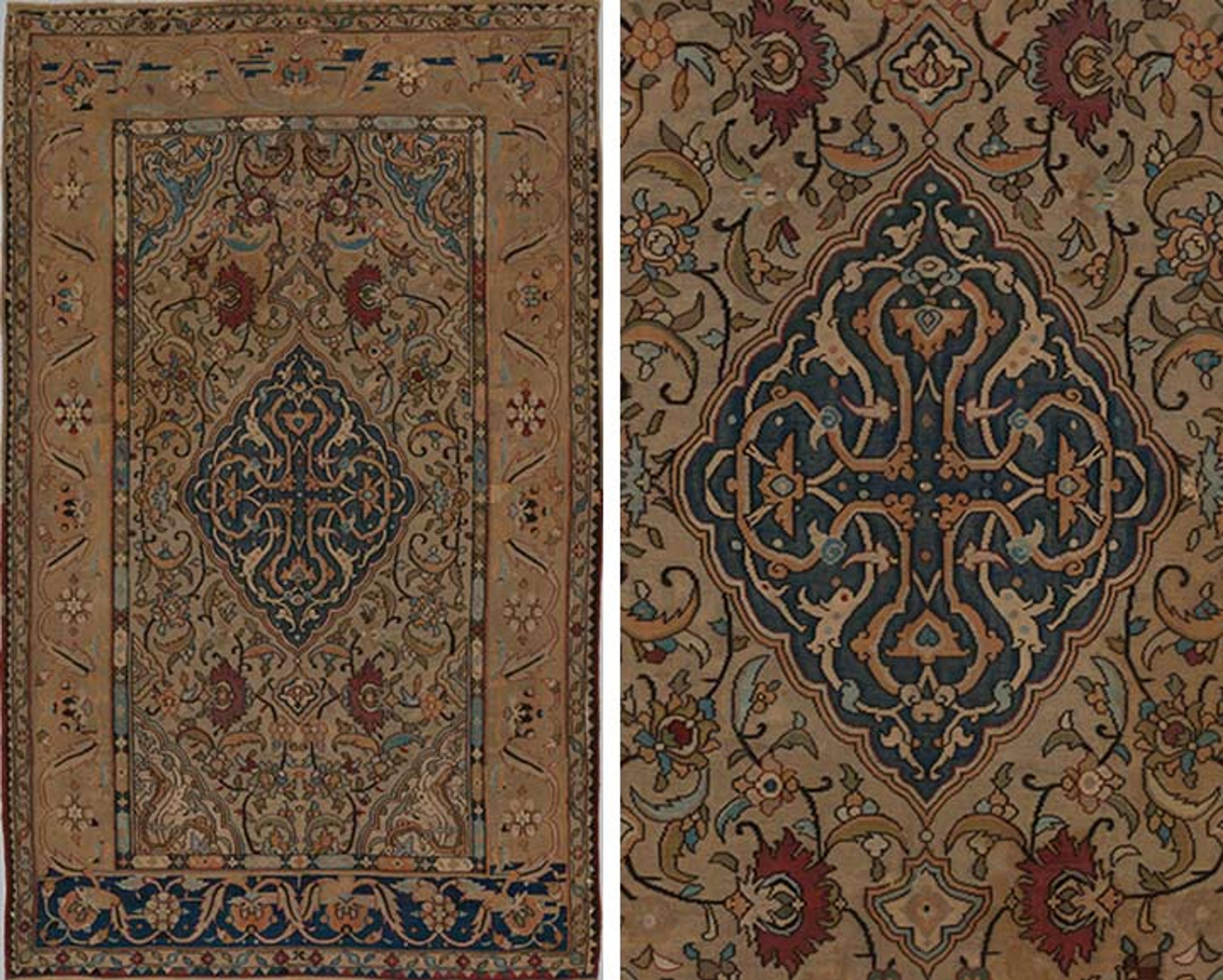 Rug on left, detail of medallion with cross on right