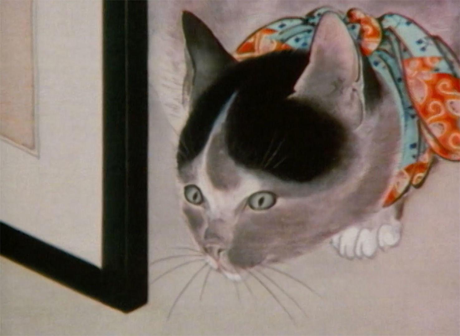 A drawing of a cat crouching