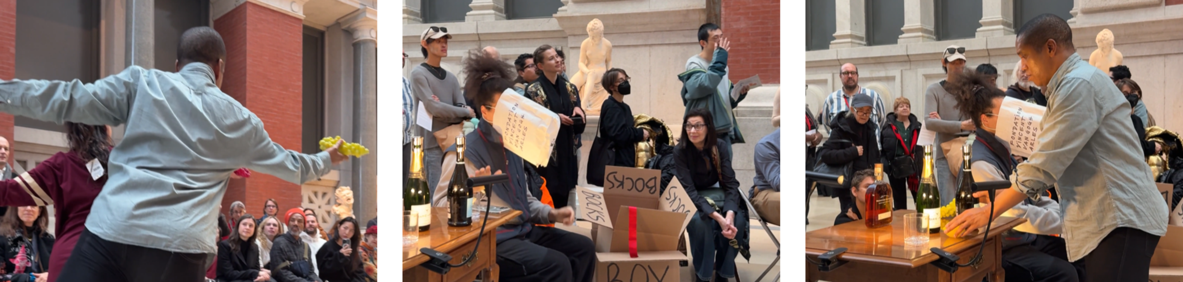 Three photographs documenting a performance.