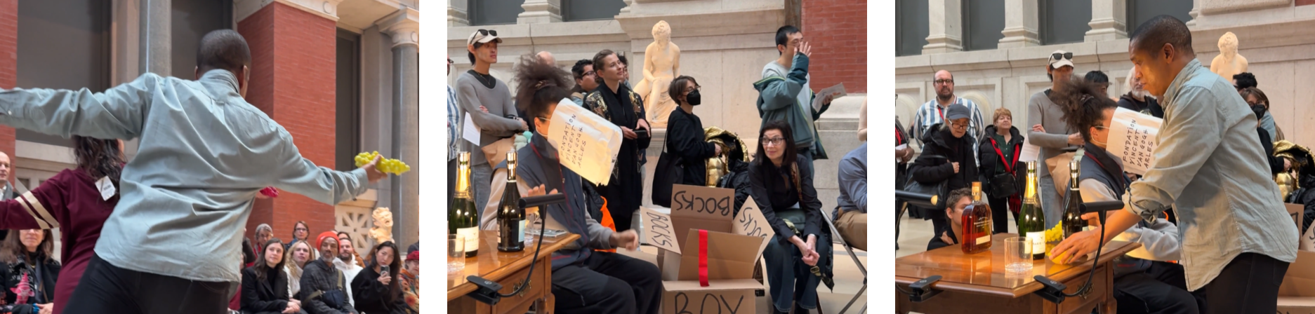 Three photographs documenting a performance.