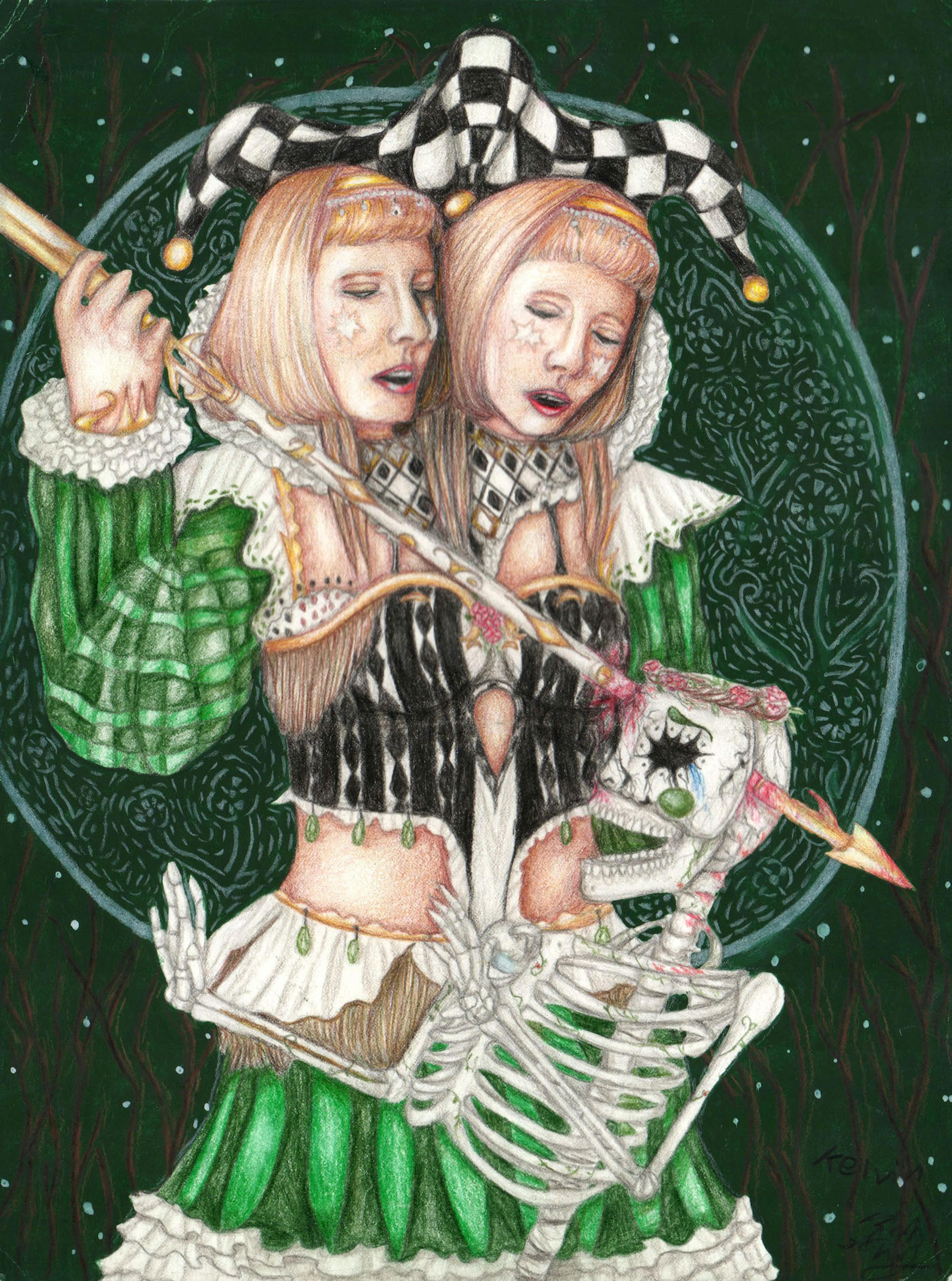 Colored pencil, watercolor, and acrylic painting of a single female figure with two heads. She is white with light brown hair styled in a bob on each of her heads. White multi- pointed stars are on both sides of her cheeks. She holds a barbed spear in her right hand which is aimed downward to the right and impaling the skull of a skeleton in front of her. The skeketon has its arms raised in defense. The two- headed girl wears a green late- medieval outfit with a black and white checkered jester's crown above and behind her heads. An ornately decorated circle floats behind her which resembles a large net. The background is composed of stars seen between dark, brown, leafless tree trunks against a dark green sky.