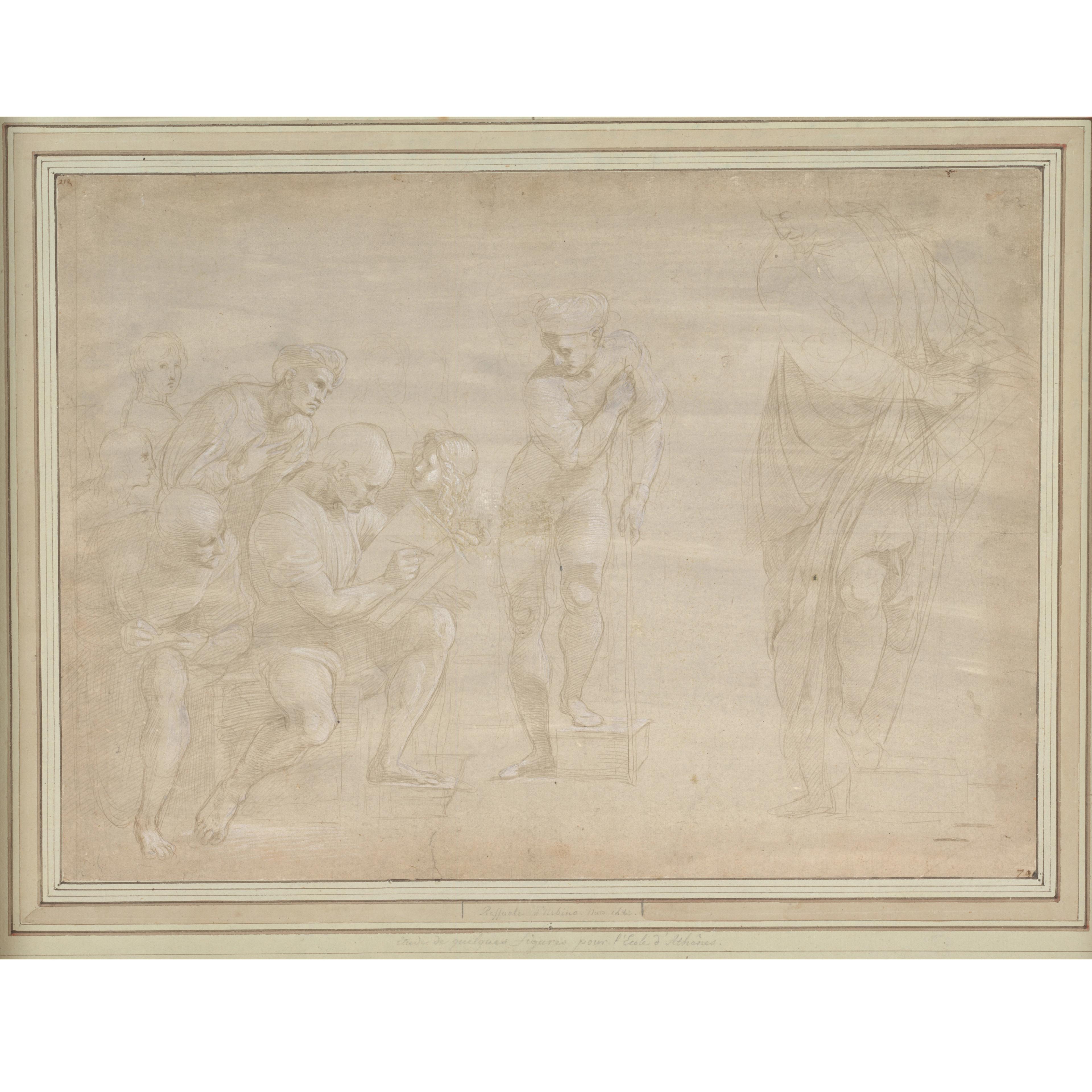 Faint drawing of an artist sketching a figure while others look on.