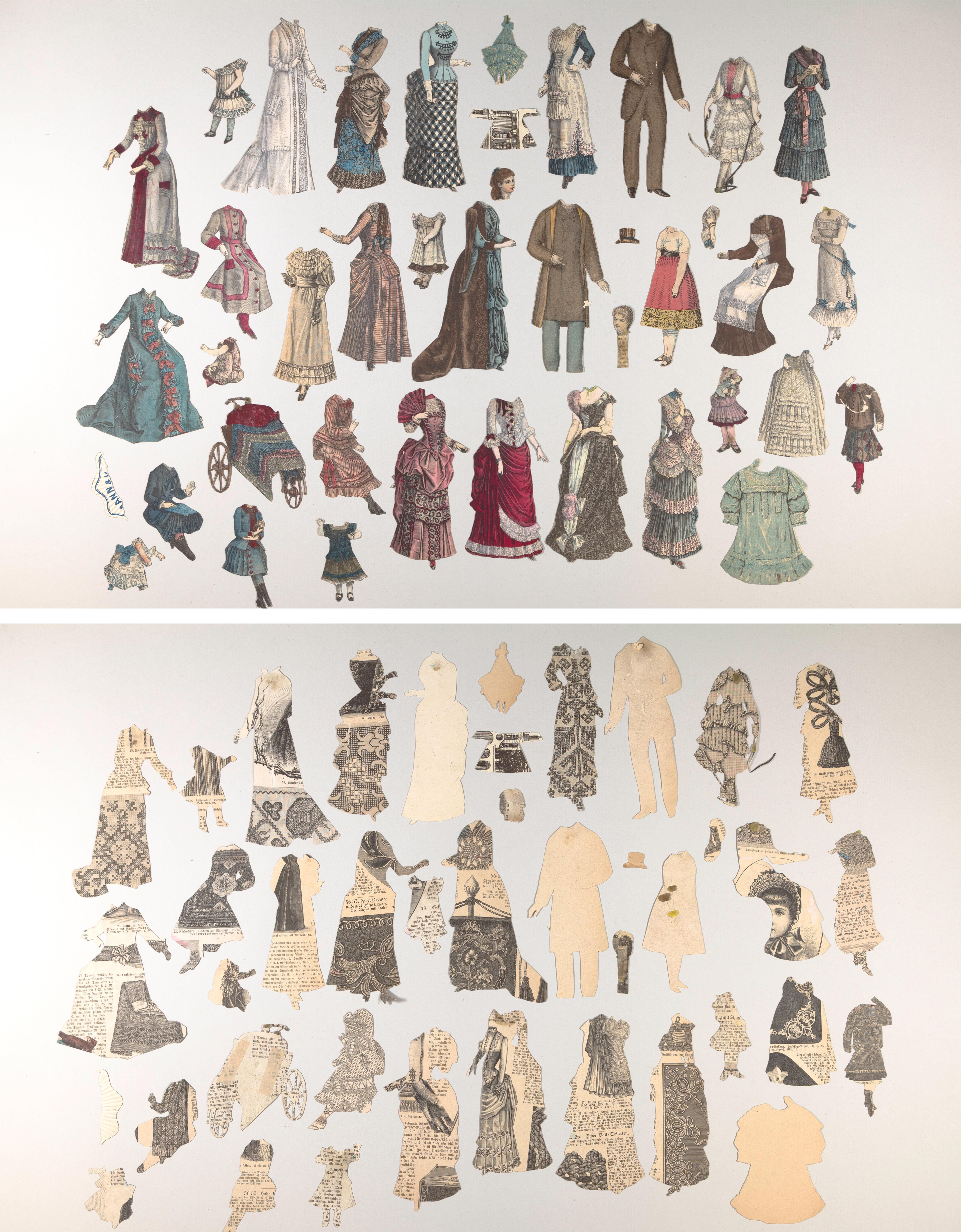 Cut outs of clothing and body parts for paper dolls