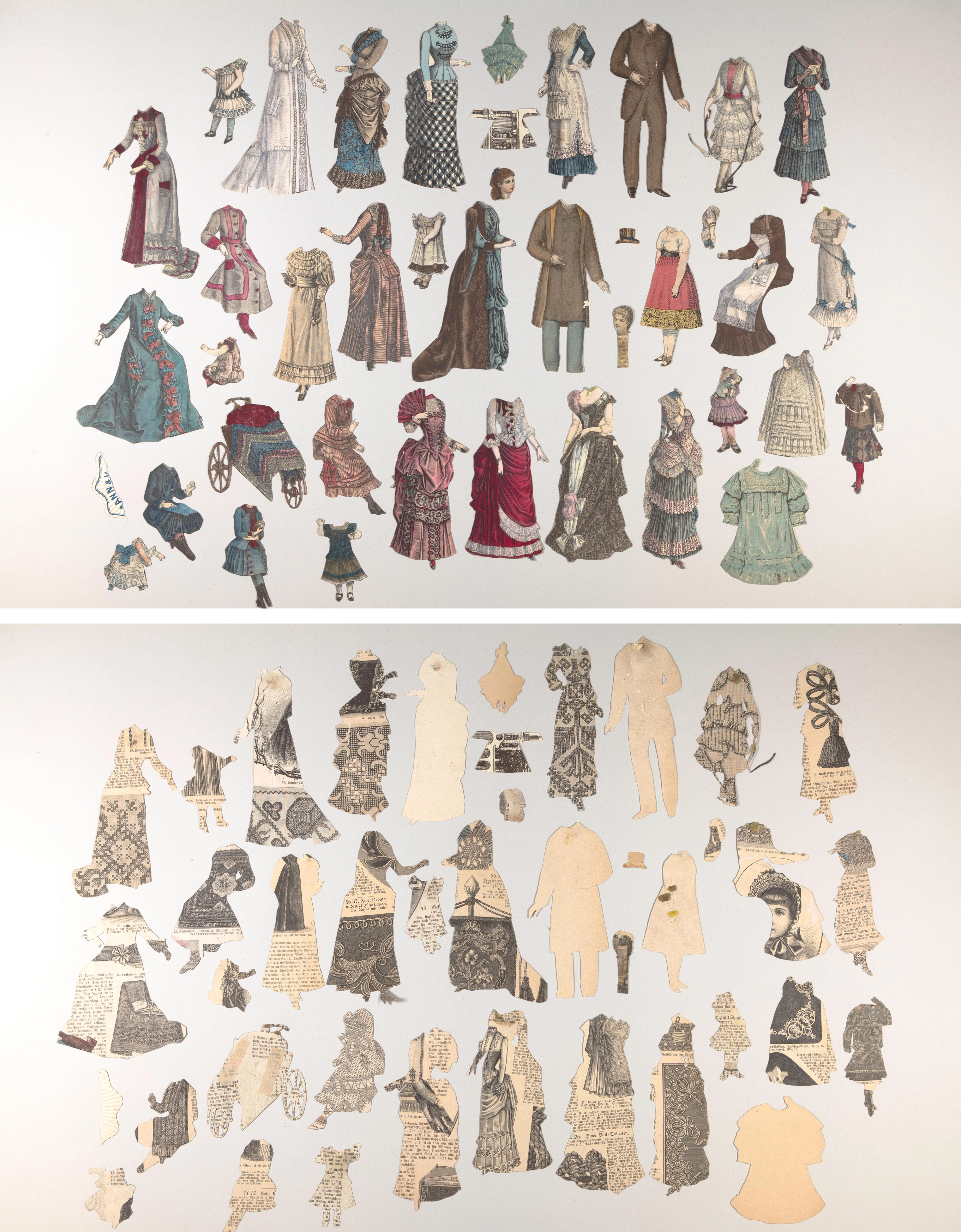 Cut outs of clothing and body parts for paper dolls