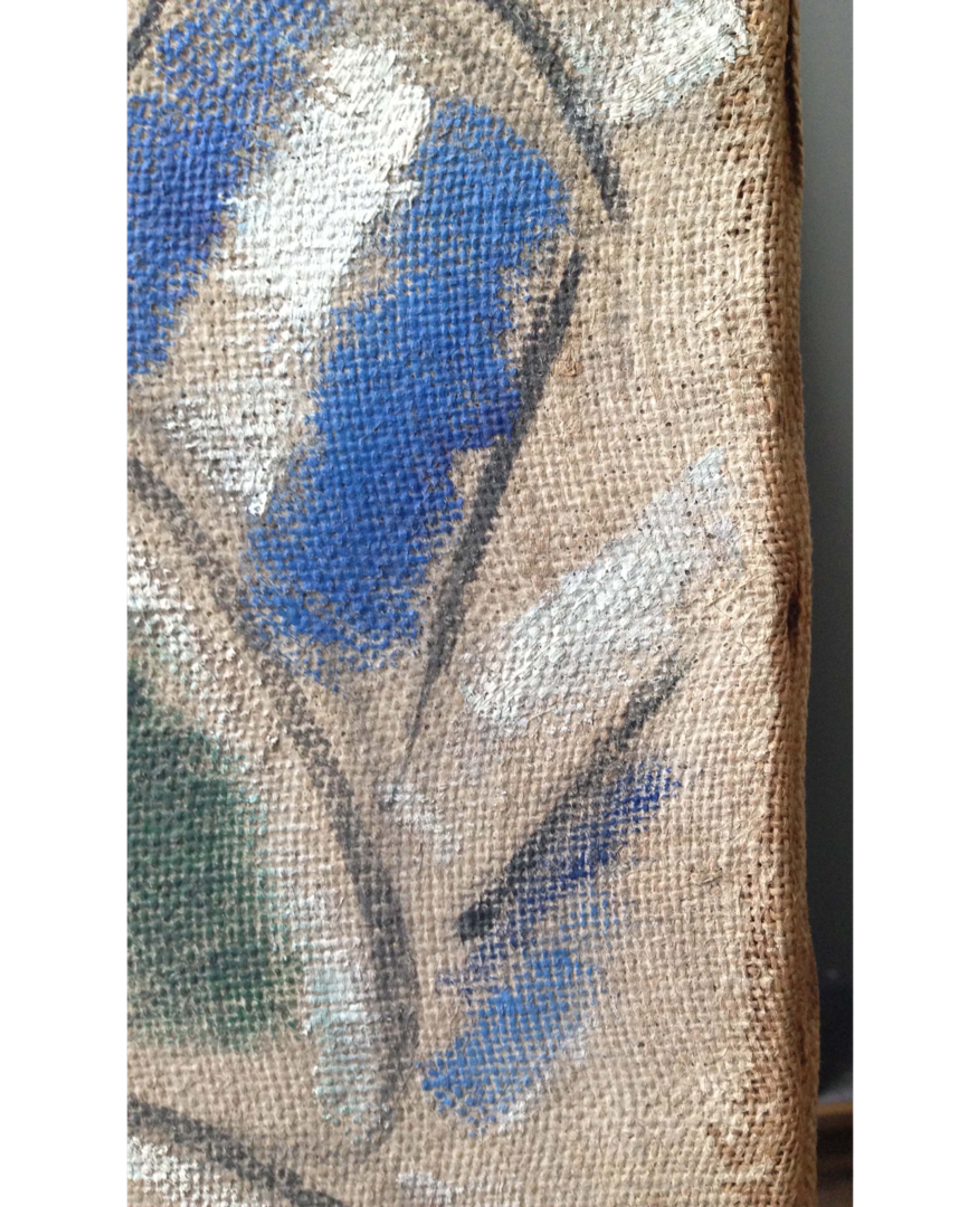 Enlarged lower right corner of “The Village” where both the canvas texture and ground layer of water-soluble glue mixed with chalk are visible