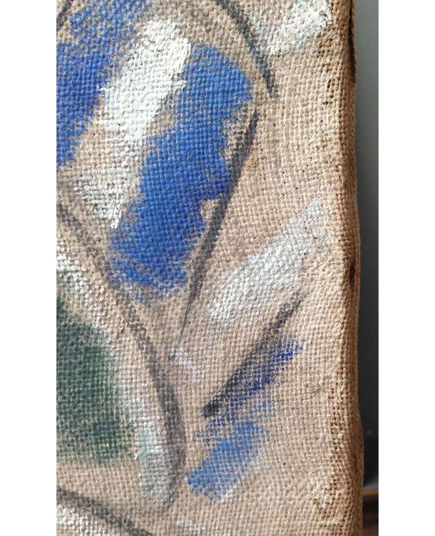 Enlarged lower right corner of “The Village” where both the canvas texture and ground layer of water-soluble glue mixed with chalk are visible