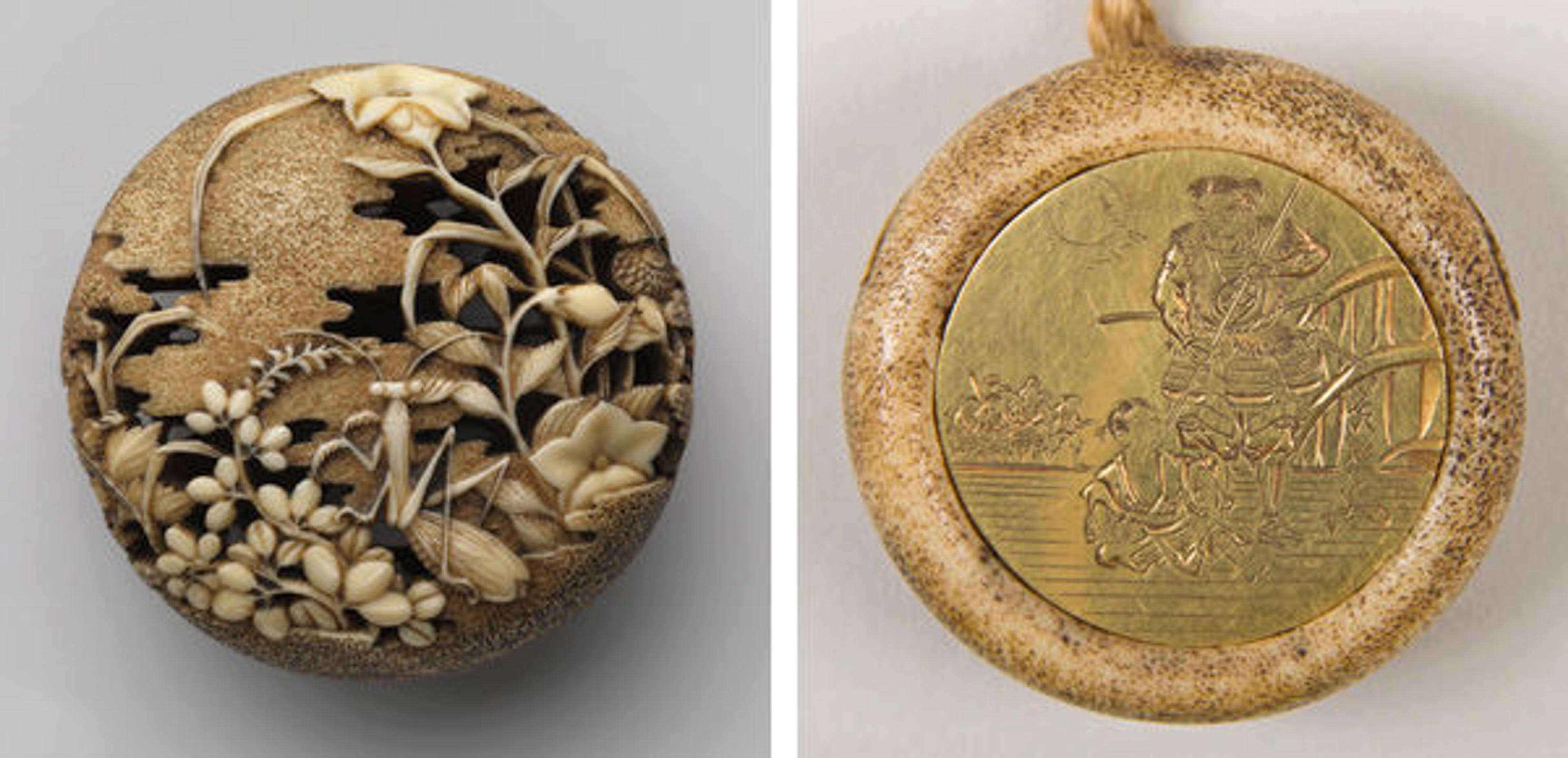 Left: Attributed to Ryūsa | Flowers and Grasses with Praying-Mantis, 18th century | 10.211.1271 | Right: Hakusai. Netsuke Depicting Yoshitsune and Benkei | 29.100.790
