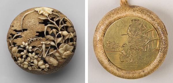 Left: Attributed to Ryūsa | Flowers and Grasses with Praying-Mantis, 18th century | 10.211.1271 | Right: Hakusai. Netsuke Depicting Yoshitsune and Benkei | 29.100.790