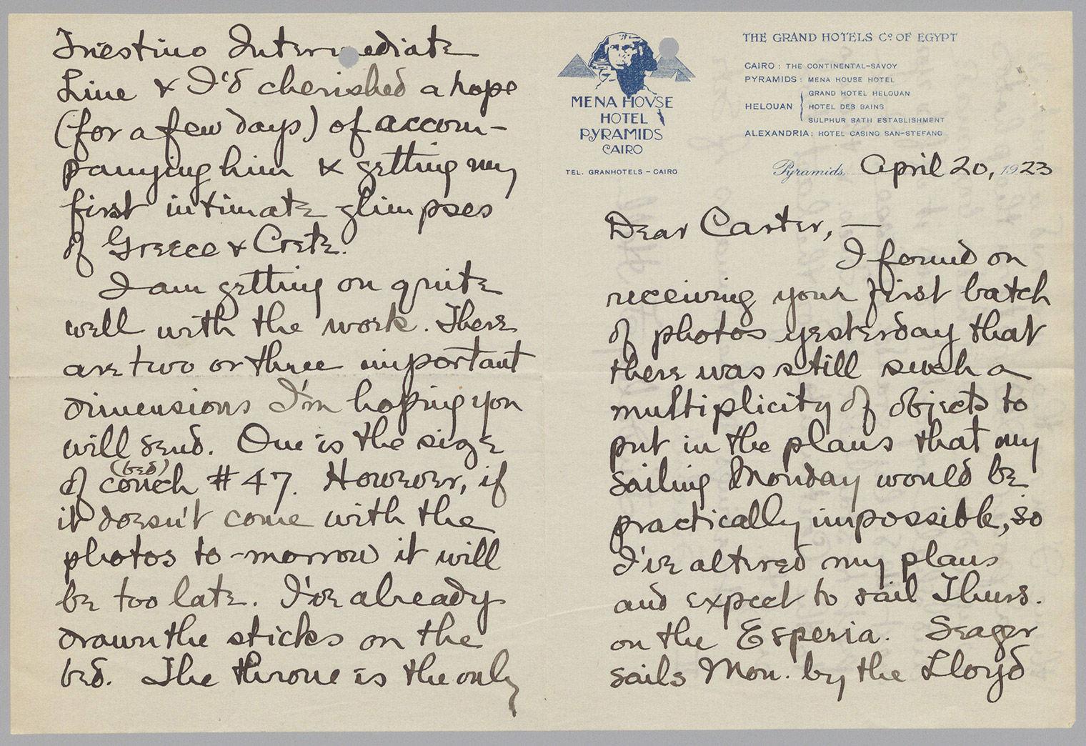 Handwritten letter from Lindsey Hall to Howard Carter, on Luxor Hotel stationery