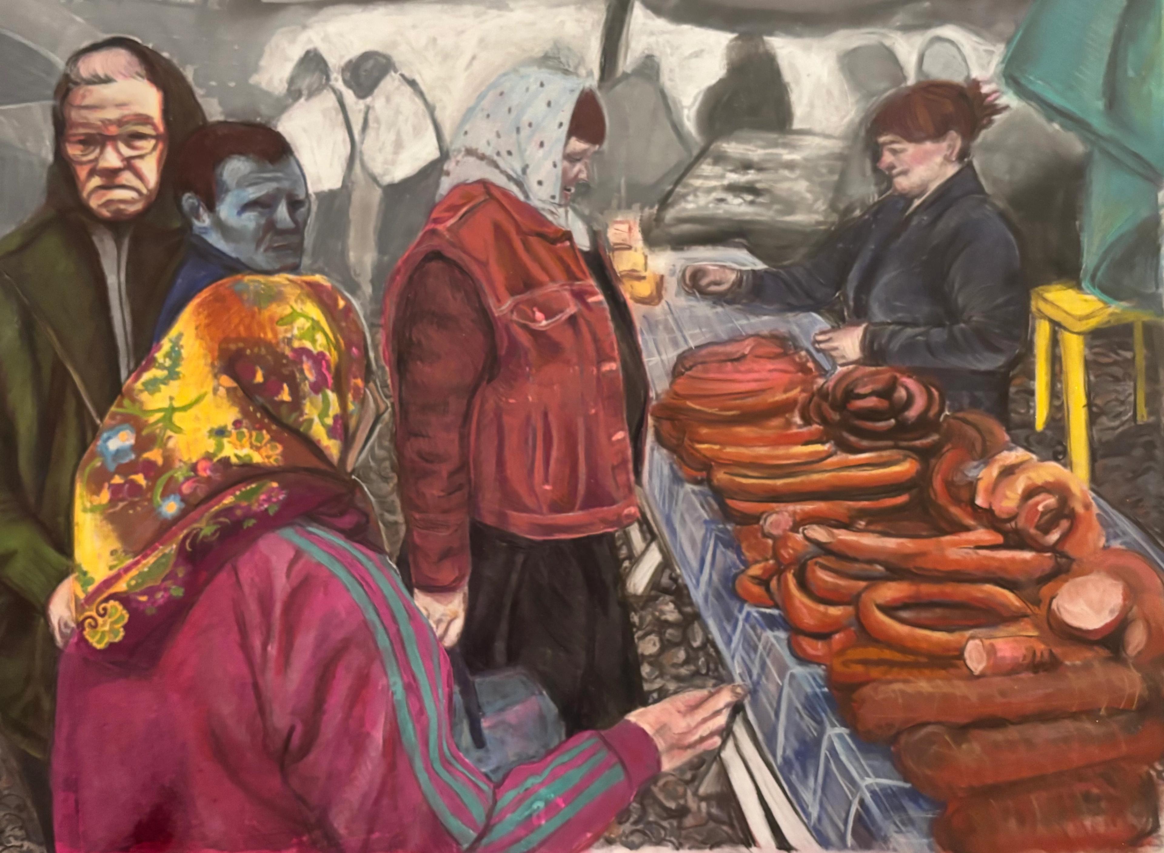 Drawing of two women at a market wearing headscarves, standing at counter with piles of sausages, while other people are standing nearby.