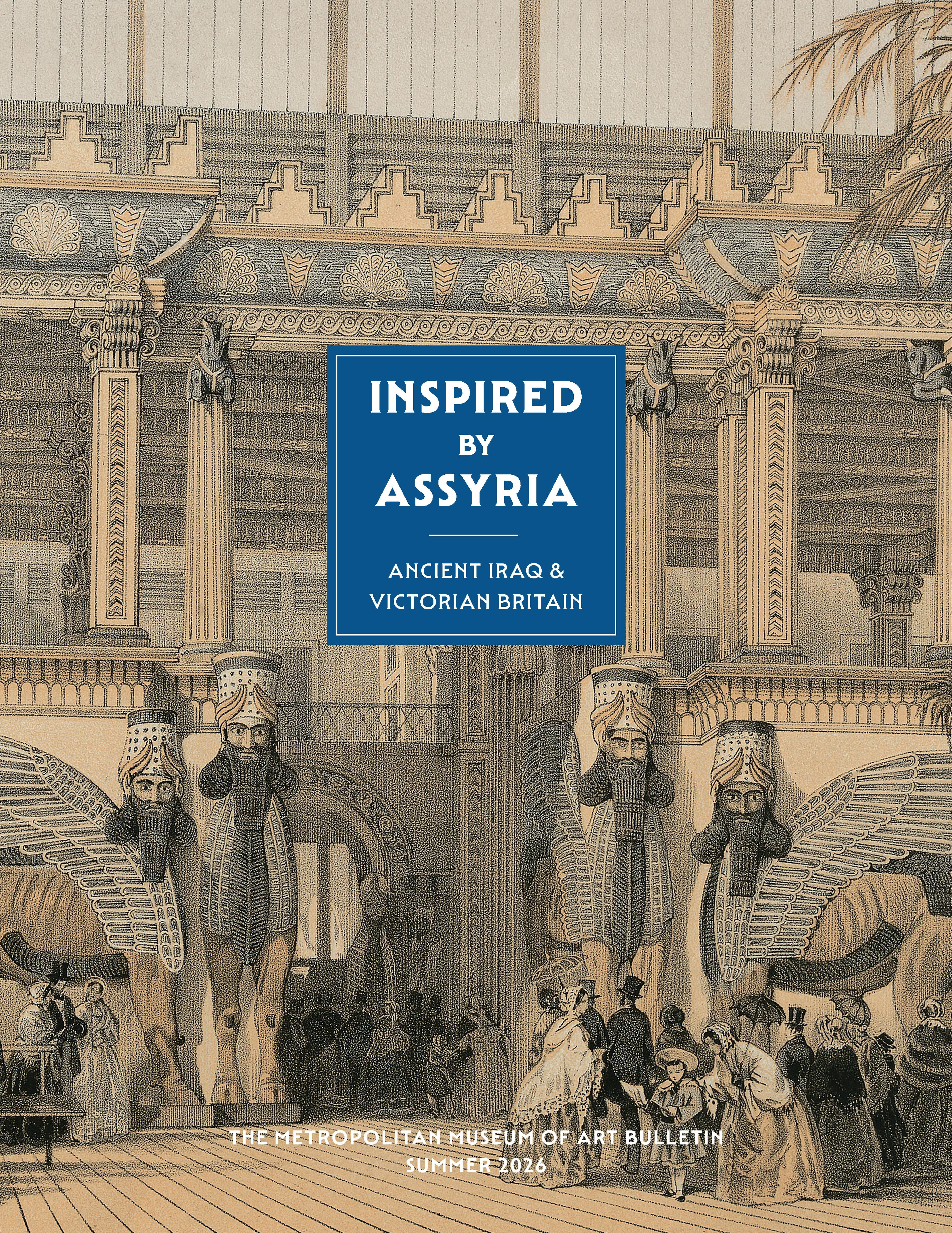 a detailed illustration of a grand interior with ornate columns, decorative carvings, monumental winged guardian sculptures, and small groups of visitors gathered beneath a high, elaborately decorated hall